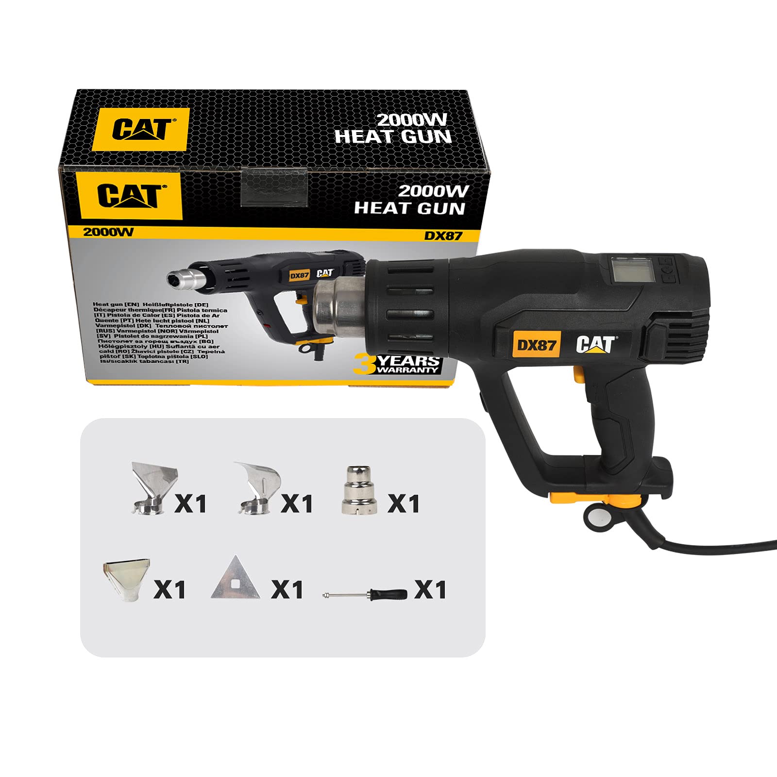 CAT DX87 - Pistola de calor (2000 W, pantalla LCD, ajuste de temperatura 50-600 °C, 2 niveles de flujo de aire, luz LED, incluye 5 boquillas y rasqueta para uso profesional)