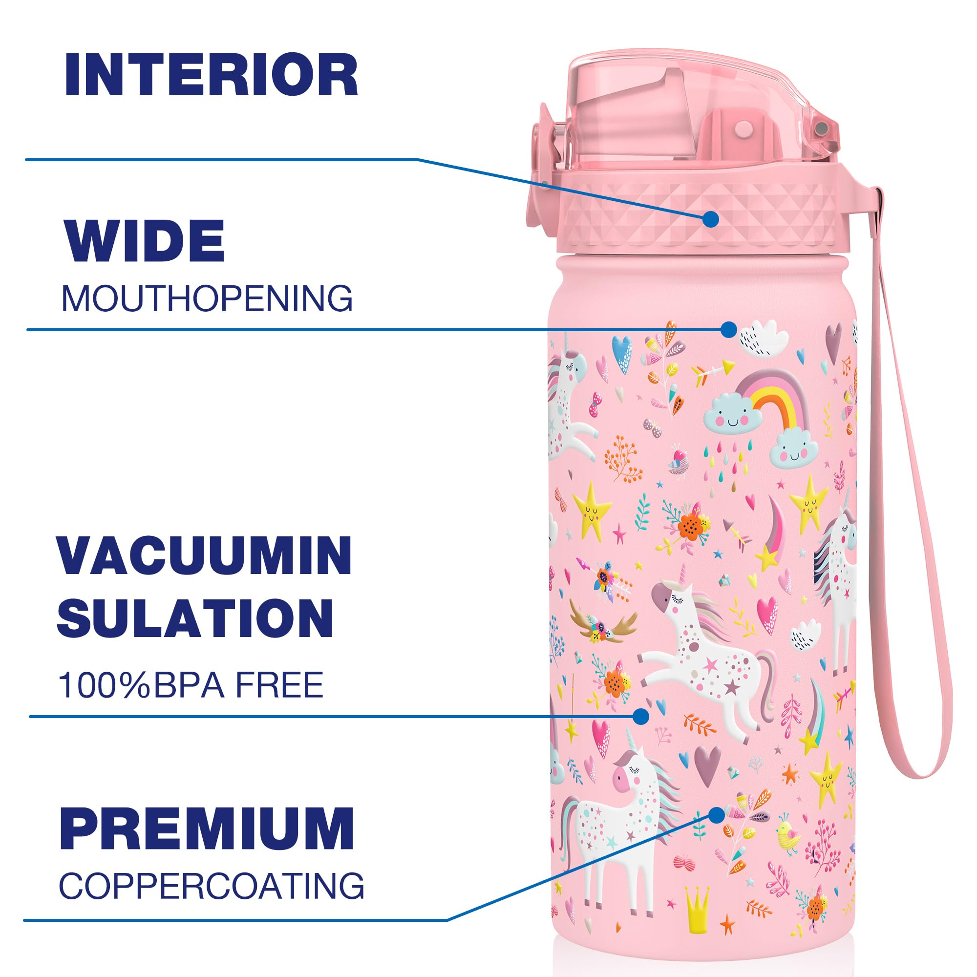 GOPPUS 550ml/18oz Kids Insulated Water Bottle with Straw Cute Double Wall Stainless Steel Child's Small Flask Vacuum Insulated Steel Metal Leak Proof Drink Flask Boys Toddler Girls Flask BPA-Free - Image 4