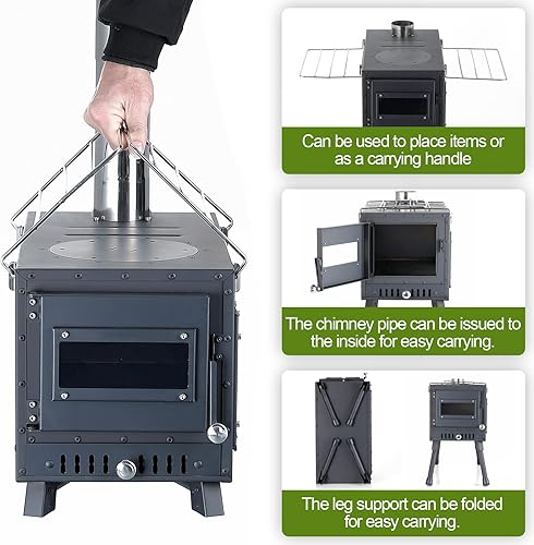 Miniatura 10 de Womeyork Estufa de camping al aire libre, estufa de leña portátil con tubo de chimenea para tienda de campaña, refugio, calefacción y cocina