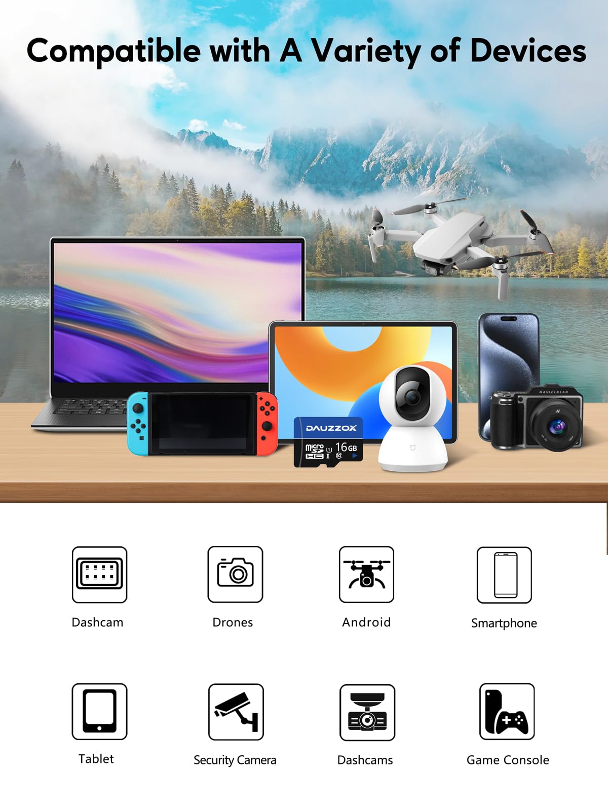 Scheda Micro SD da 16 GB, 10, Micro SD Card MicroSDHC U1 C10, UHS-I, lettura massima 80 MB/s, per smartphone, fotocamera, monitoraggio, registratore di guida, con adattatori