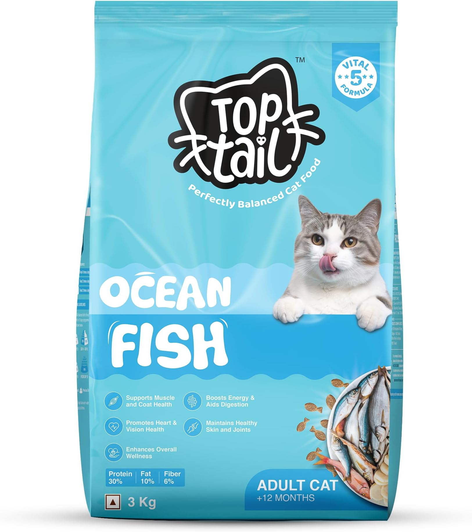 TOPTAIL Ocean Fish Food for Adult Cat (Above 12 Month) 3kg | Cat Food is Specially Crafted, Chicken & Tuna Oil Support Lean Muscles, a Shiny Coat & Joint Health | Pack of 1