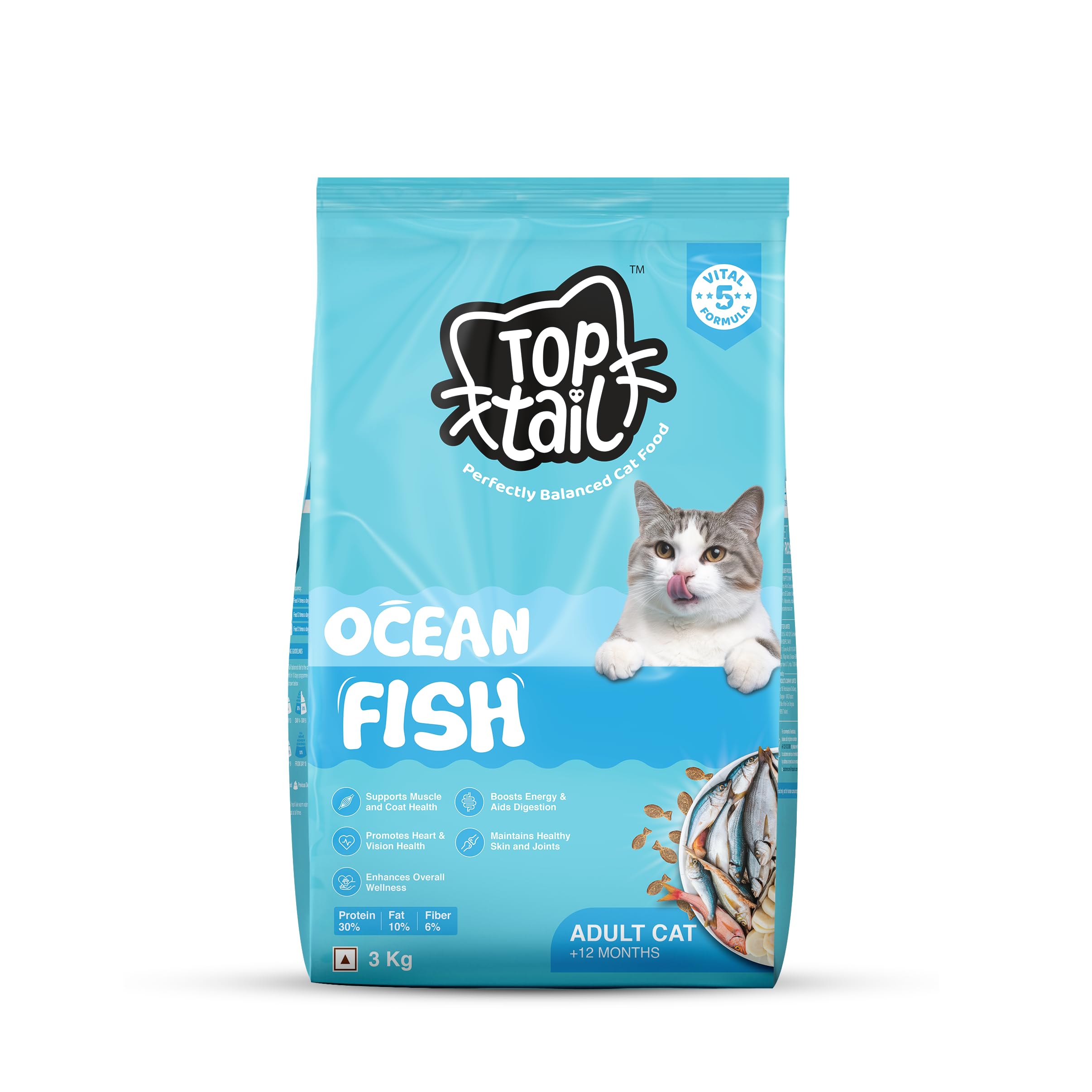 TOPTAIL Ocean Fish Food for Adult Cat (Above 12 Month) 3kg | Cat Food is Specially Crafted, Chicken & Tuna Oil Support Lean Muscles, a Shiny Coat & Joint Health | Pack of 1-image-4