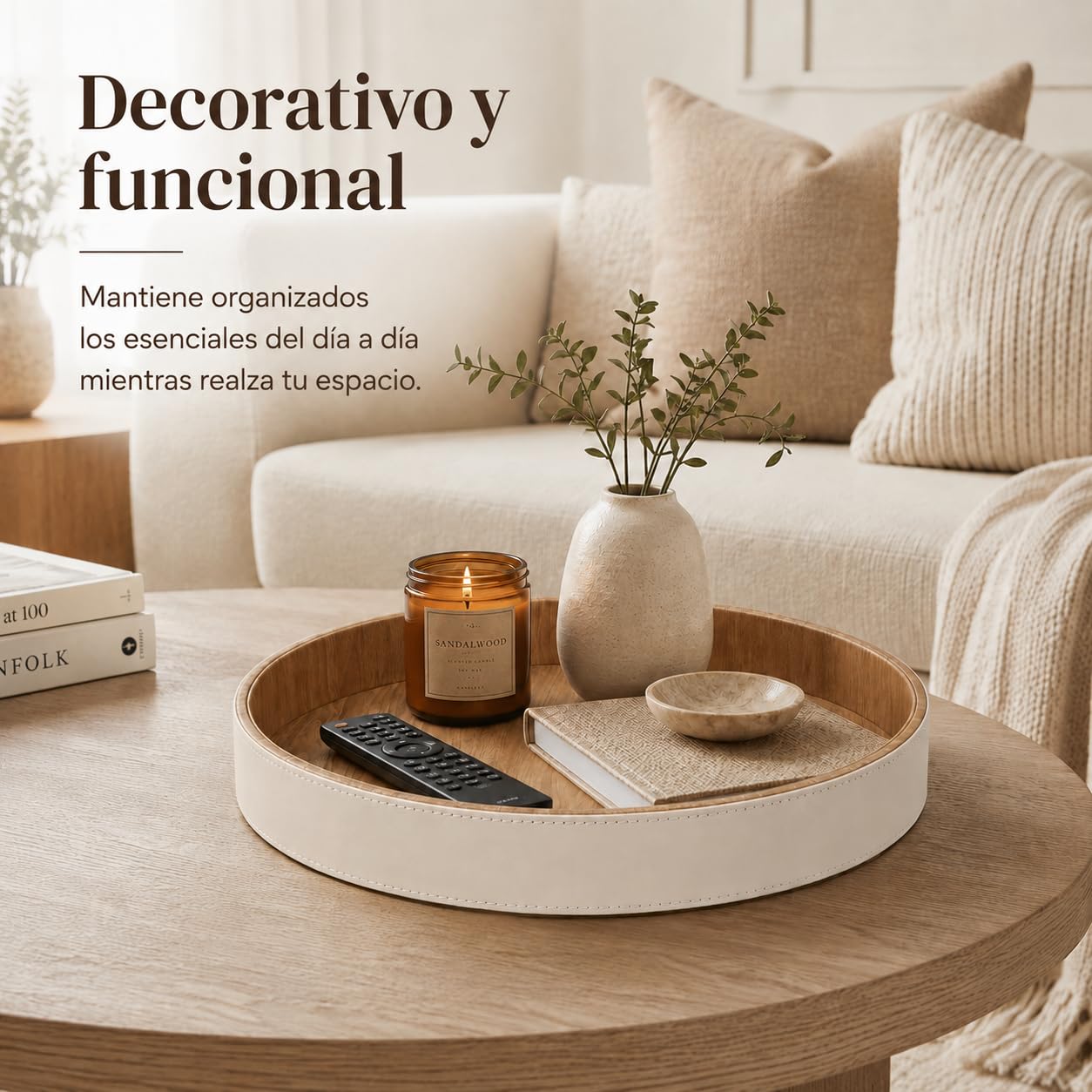 GORESE Bandeja para Portavelas,Placa Redonda Decorativa para Velas de Piel PU,30cm Centro de Mesa Bandejas para Servir Bandejas de Madera rústica Organizador de Velas de Café Decoración del Hogar