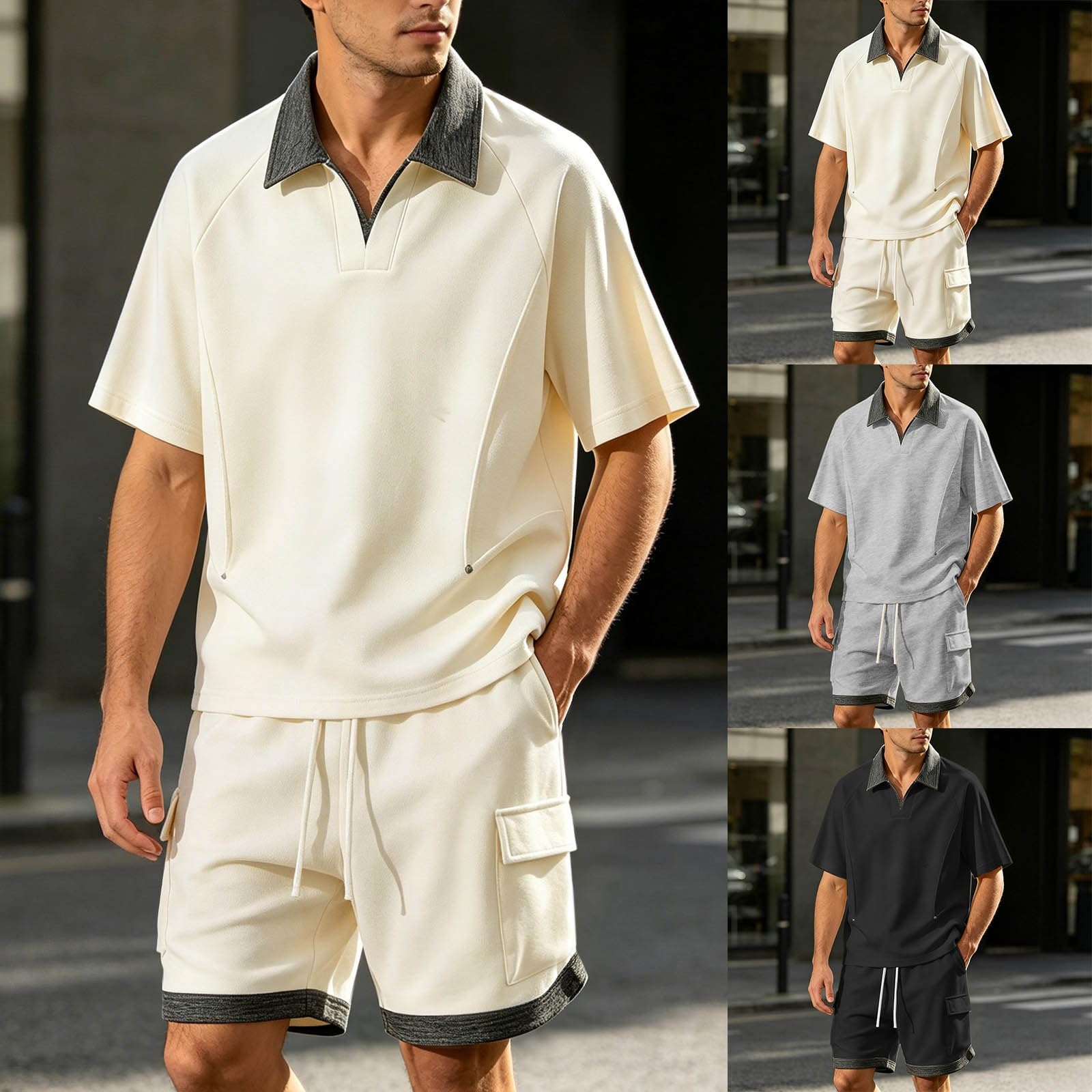 Tuta da jogging da uomo, due pezzi, polo e pantaloncini, con coulisse, estiva, per il tempo libero, abbigliamento sportivo, con risvolto, tuta da allenamento per attività all'aperto