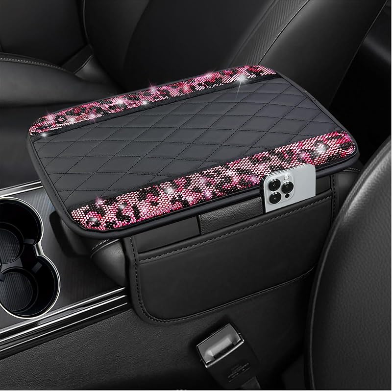 Capa para Apoio de Braço do Console Central NBTEPEM Rosa com Estampa de Leopardo e Strass – 30,48 x 20,32 cm