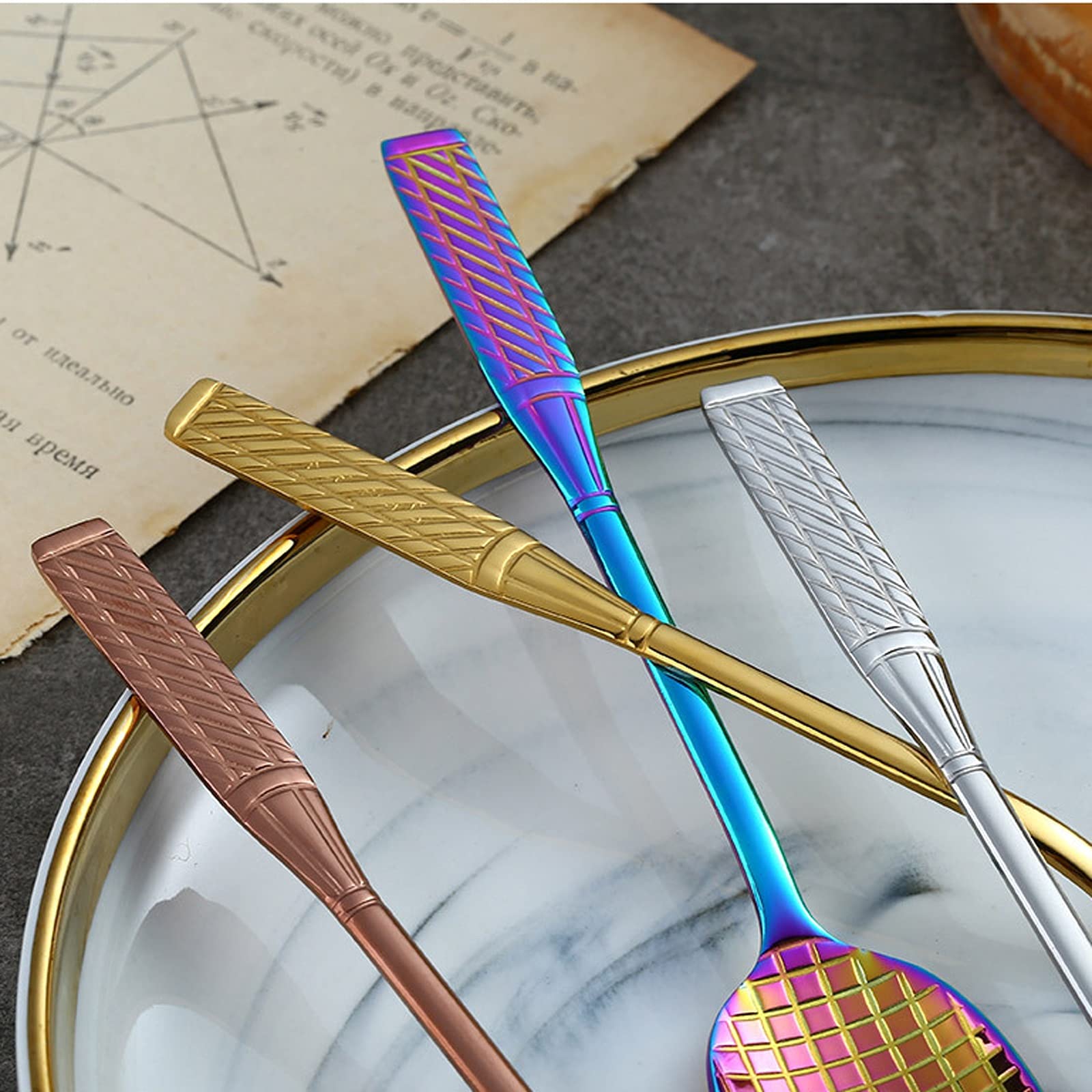 cucharas de sopa Cucharas mezcladoras de café de acero inoxidable - Cuchara de helado de raquetas de tenis creativo, cucharas de postre de crema larga Conjunto de 5 (multicolor) Cuchara para servir de