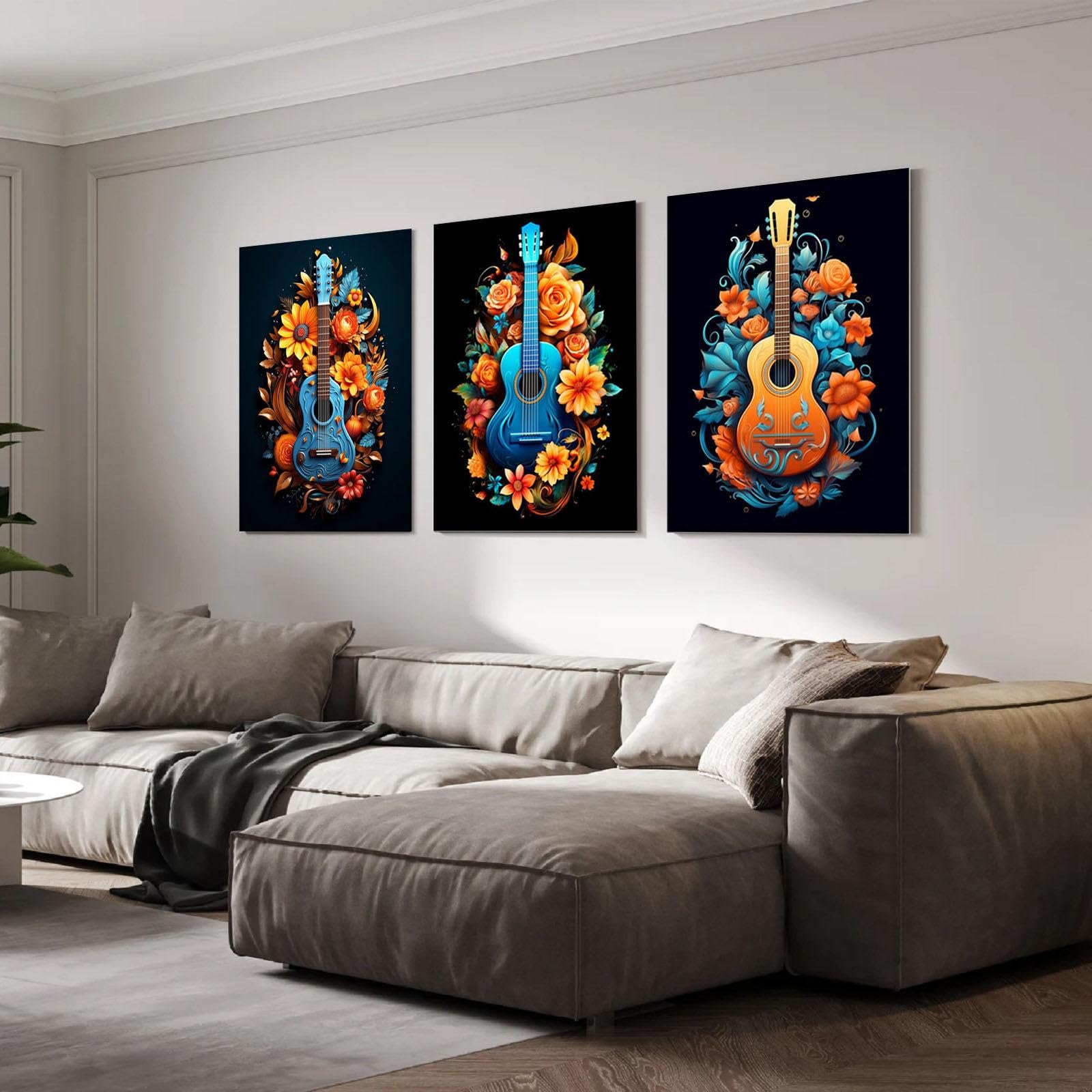 veces Astratto Quadri Soggiorno, Girasoli bohémien e chitarra Stampa su tela Pittura Quadri Moderni Poster da parete Camera da letto Casa Ufficio Decorazioni - 60x80cmx3 Non incorniciato
