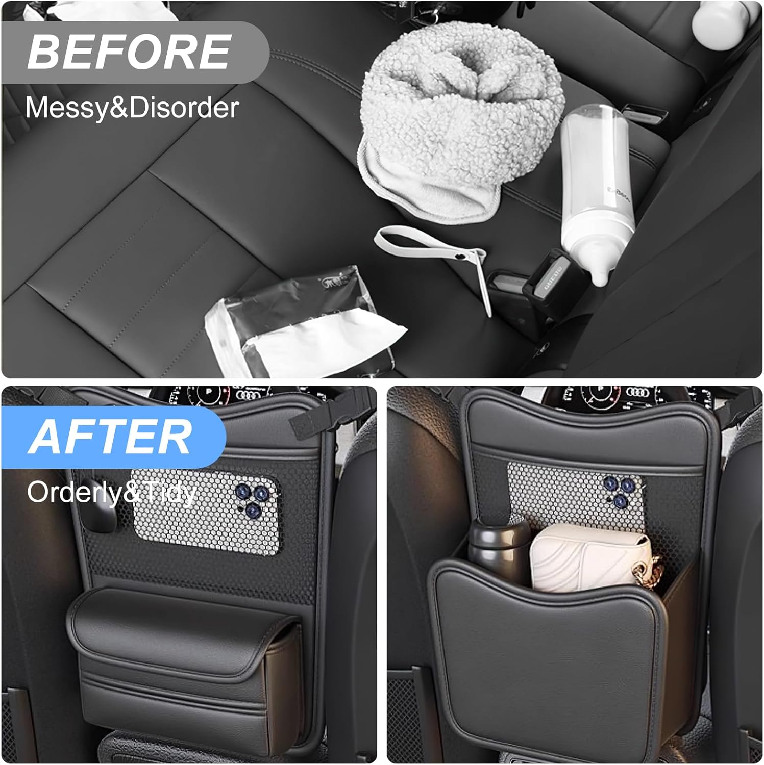 Car Organizer Storage Between Seats, Nappa Leather Headrest Hanging Storage Bag Pocket Purse Holder Snack Holder Automotive Console Organizer for Travel, Driving