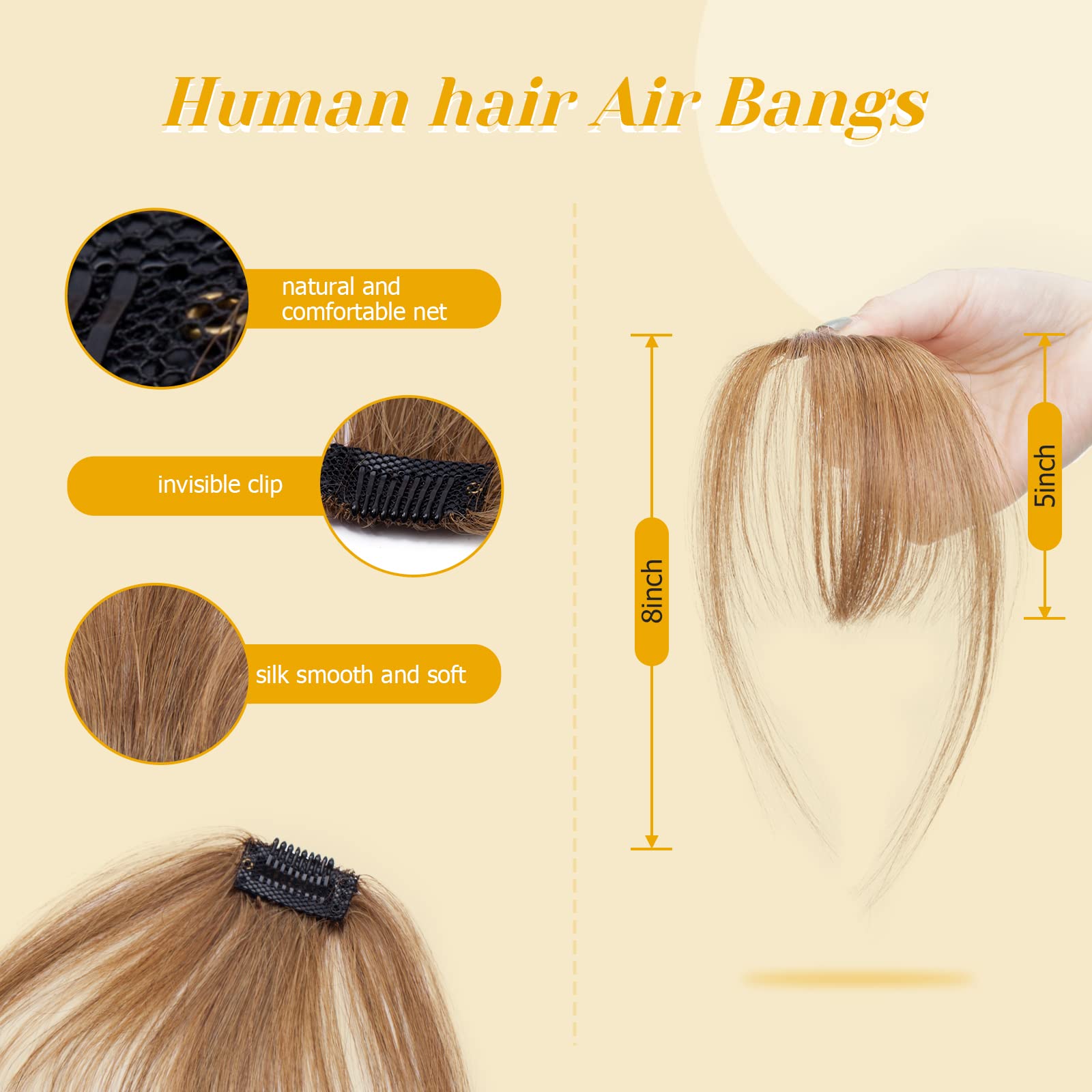 S-noilite Bangs Hair Clip in Bangs,100% Real Human Hair Curved Bangs Clip in Hair Extensions for Women Air Bangs Clip on Wispy Bangs Fringe with Temples 3g (#6 Light Brown) - Image 3