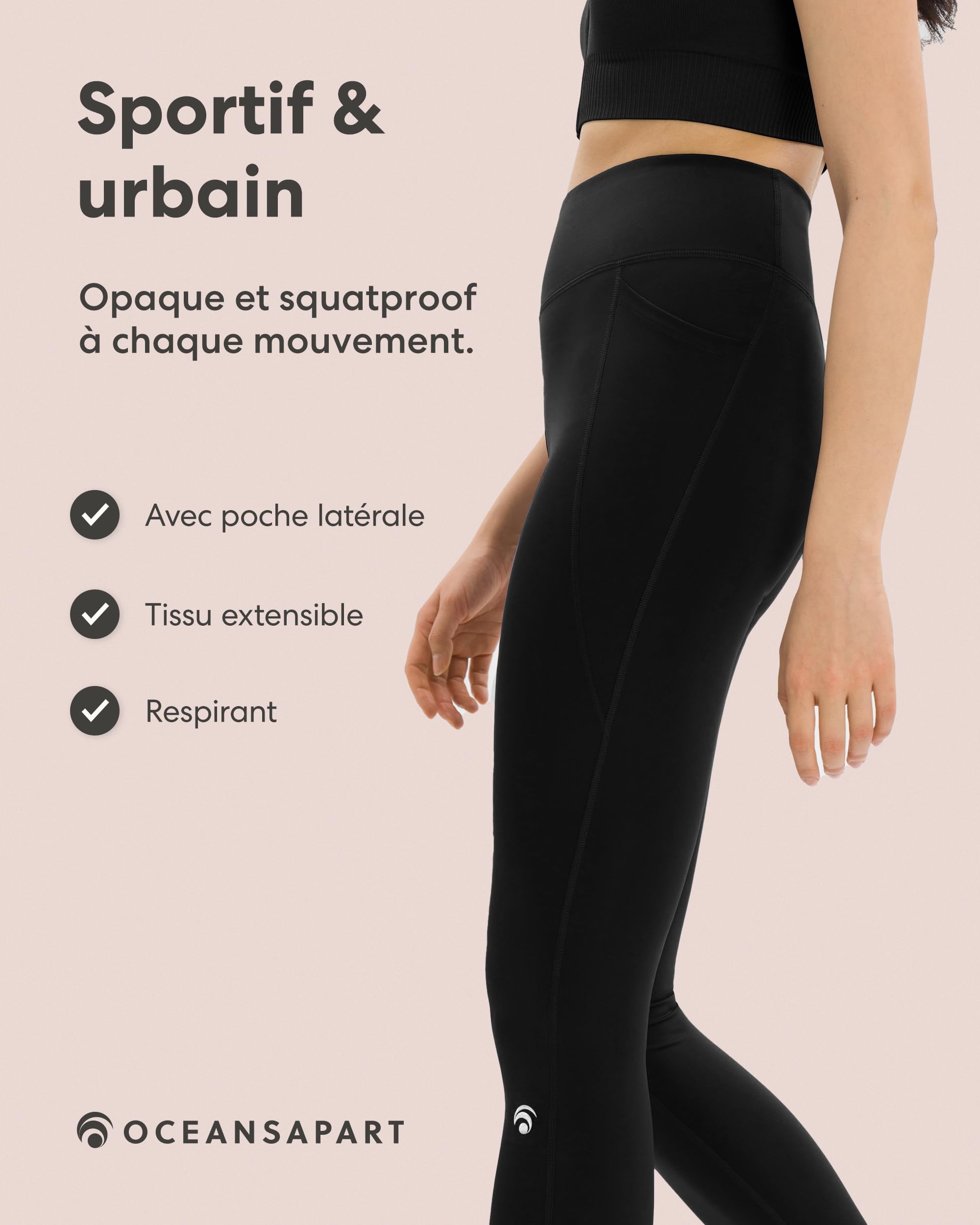 Oceansapart Soho Legging de Sport Femme avec Poches Latérales Taille Haute pour Running, Yoga et Salle - Legging Sport Femme Respirant en Tissu Technique Gainant Taille XS-XXL