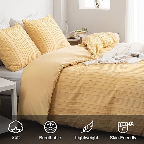 Miniatura 3 de WARMDERN Juego de funda de edredón de color amarillo bohemio, tamaño King, juego de funda de edredón texturizada a rayas, 3 piezas, funda de edredón