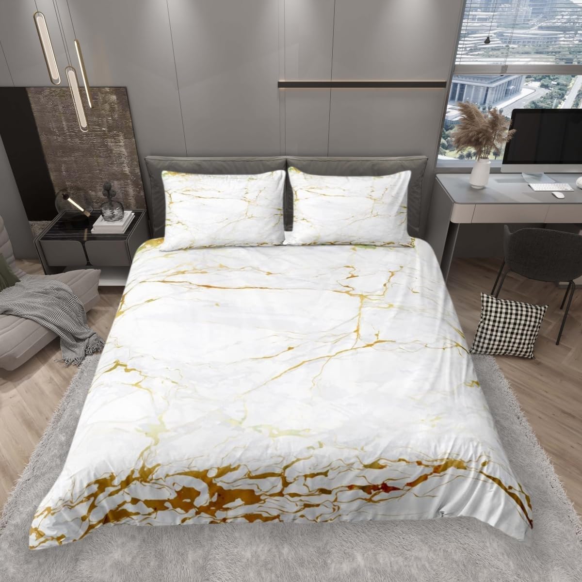 Feelingyou Boys Cyj7233 White Marble Duvet Cover Set S-King Abstract Stone Texture Bedding Set 3Pcs For Kids Teens Room Decor, White And Gold Marbling Comforter Cover Luxury Quilt Cover With 2 Pillowcases