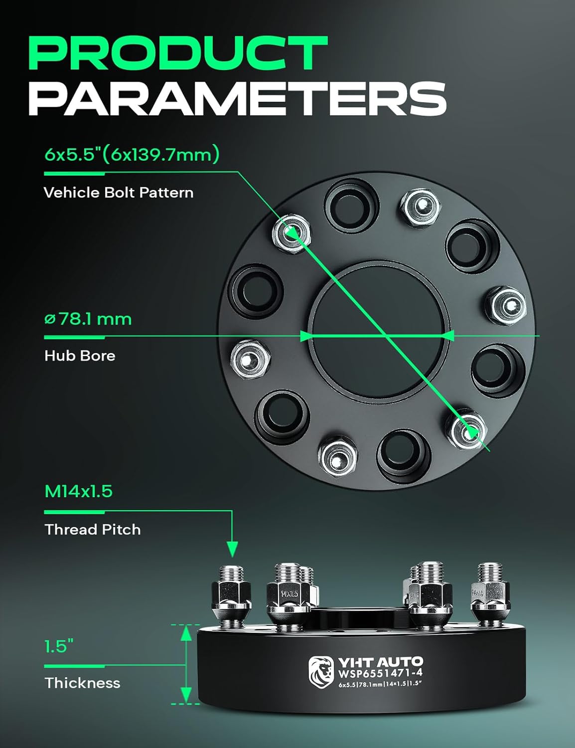 YHTAUTO 6x5.5 Wheel Spacers 1.5 Inch for Silverado Sierra 1500, Tahoe, Escalade, Yukon, Avalanche, Express, Suburban, M14x1.5 Studs & 78.1mm Hub Bore, 6x139.7mm 6 Lug Forged Hubcentric Tire Spacers
