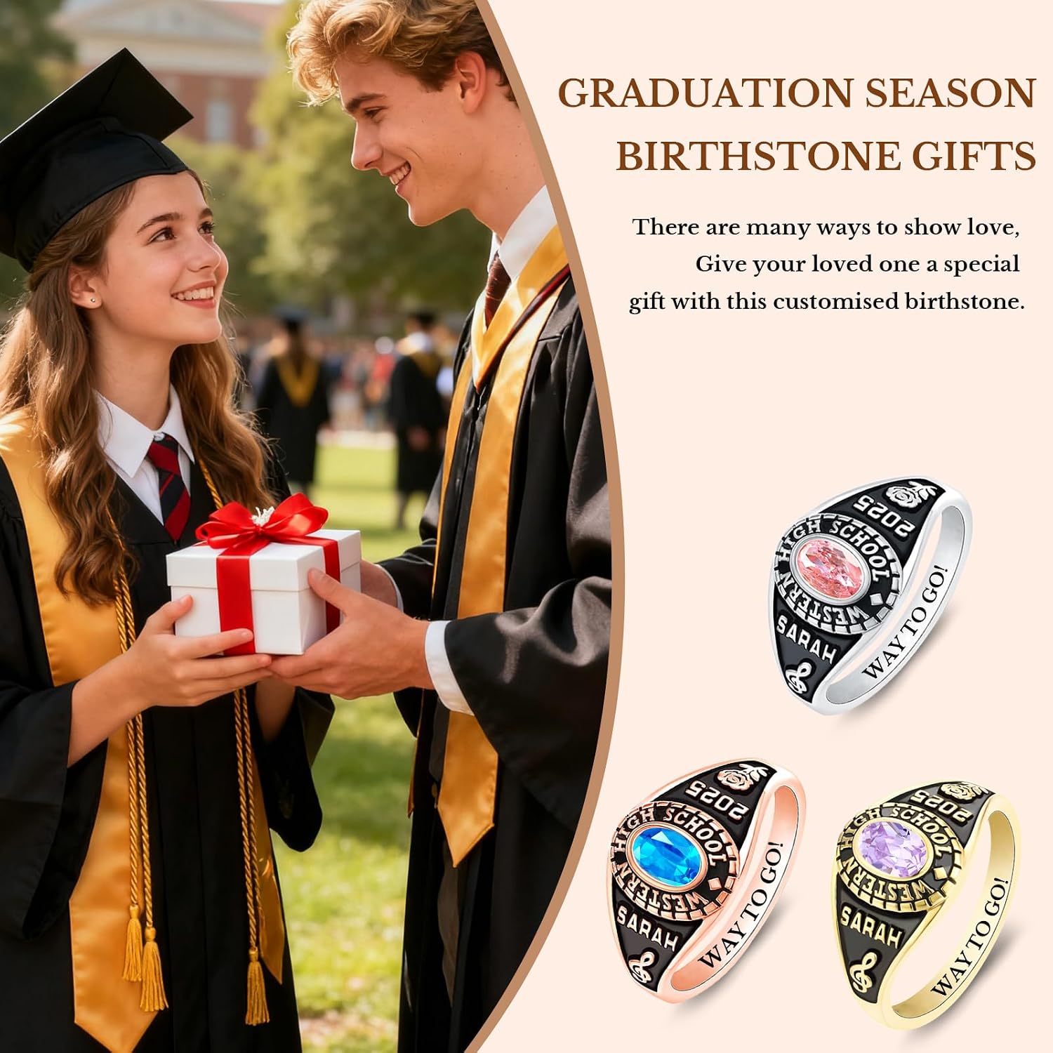Custom High School Class Rings for Women Men 925 Sterling Silver Graduation Ring for Class of 2025 Personalized University College High School Graduation Gifts