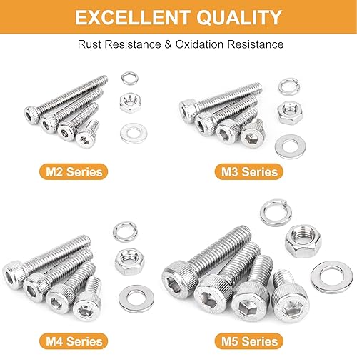 Miniatura 5 de VIGRUE Juego de 1610 tornillos surtidos M2 M3 M4 M5 Tornillos de cabeza hexagonal métrica 304 Tornillos de máquina de acero inoxidable Tornillos de