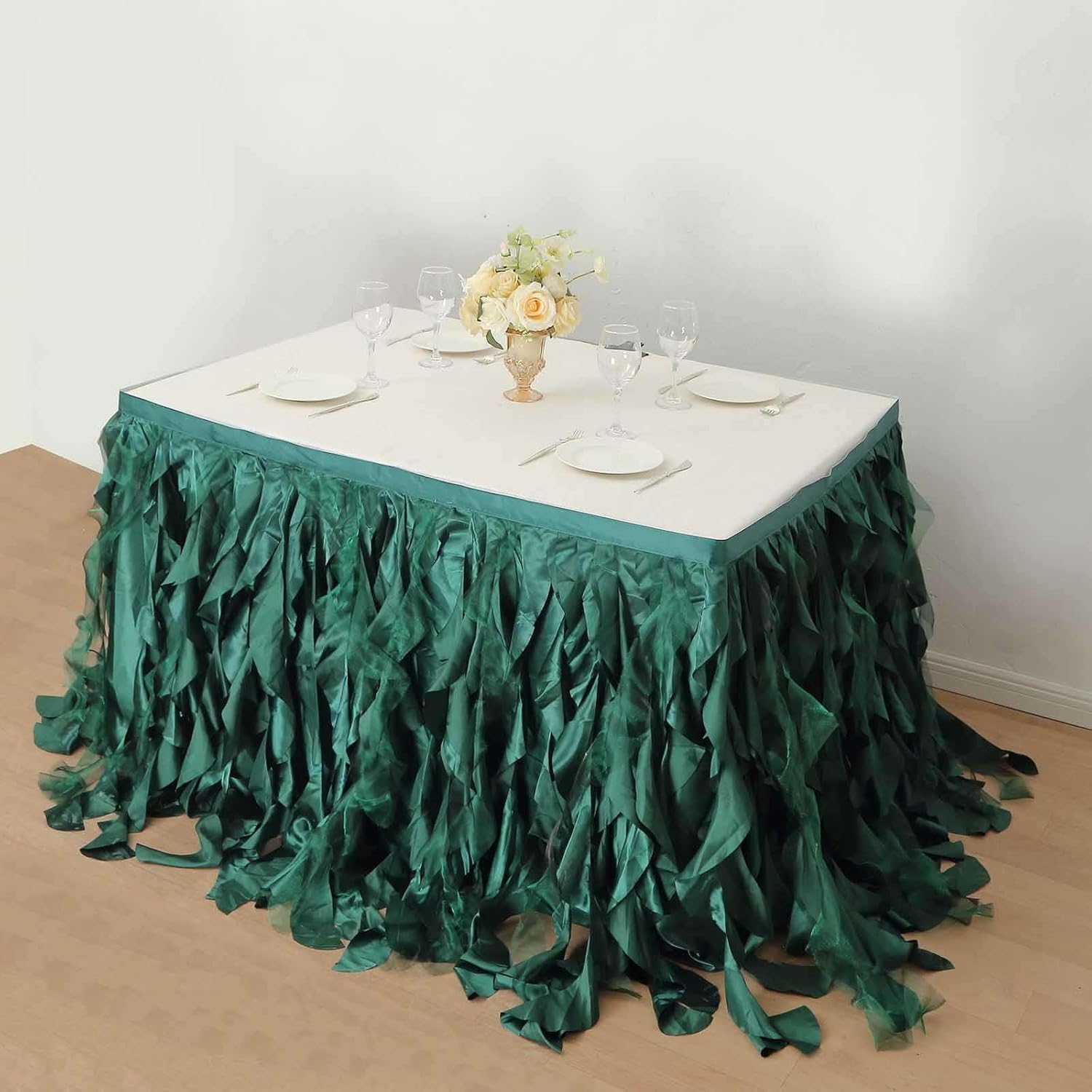 TABLECLOTHSFACTORY Hunter Emerald Green Curly Willow Taffeta Table Skirt - 14ft For Party & Decorations