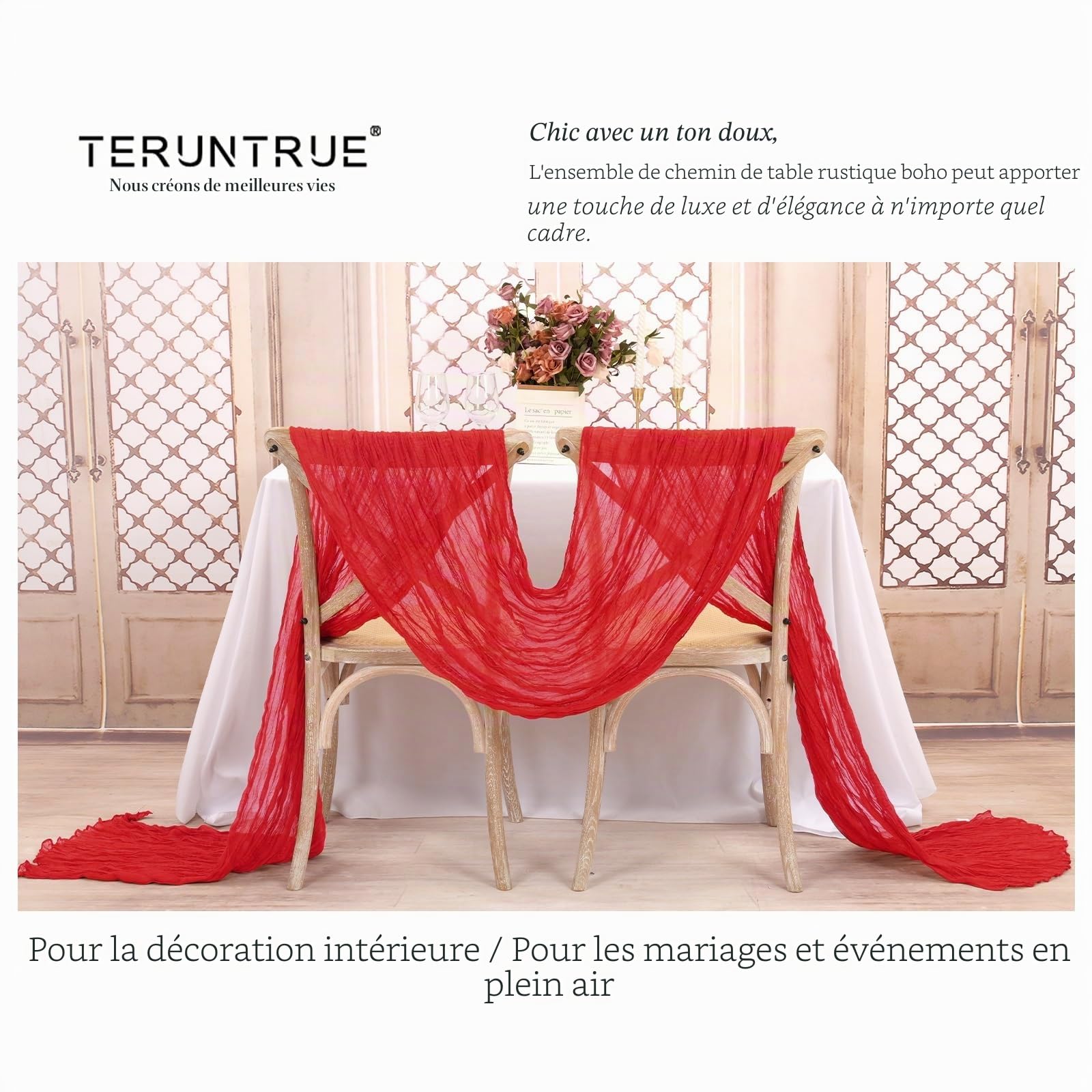 Teruntrue Lot de 12 Nappes en Fromage Chemins de Table Rouge 55x300 cm, Nappe Boho en Gaz de Fromage pour Décorations de Mariage, Fête de Naissance, Douche de Bébé et Anniversaire