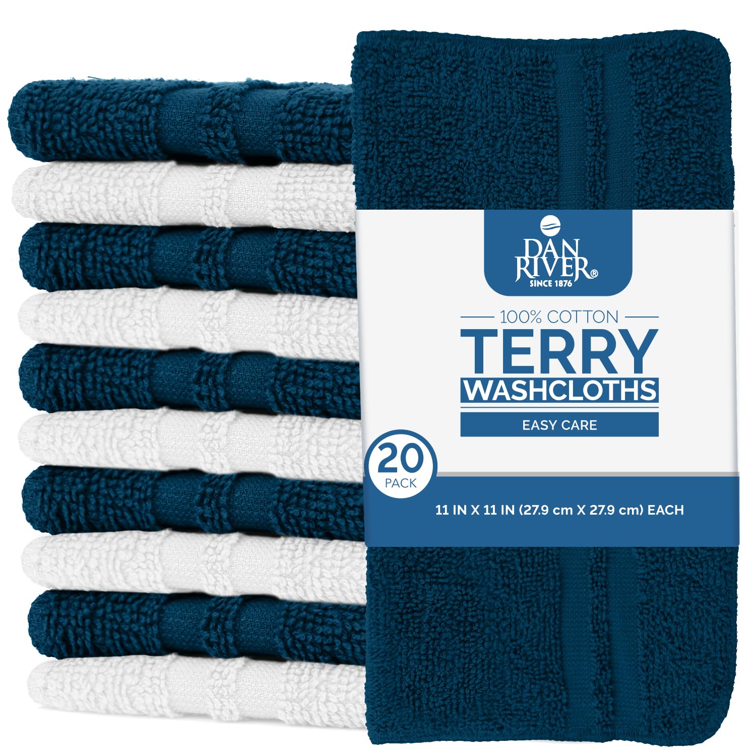 Dan River Paquete de 20 Toallas faciales 100% algodón, Toallas Esenciales de Secado rápido para baño, Manos, Cocina y Limpieza, paños de bebé | 11 x 11 Pulgadas | 400 g/m² | Azul ópalo + Blanco