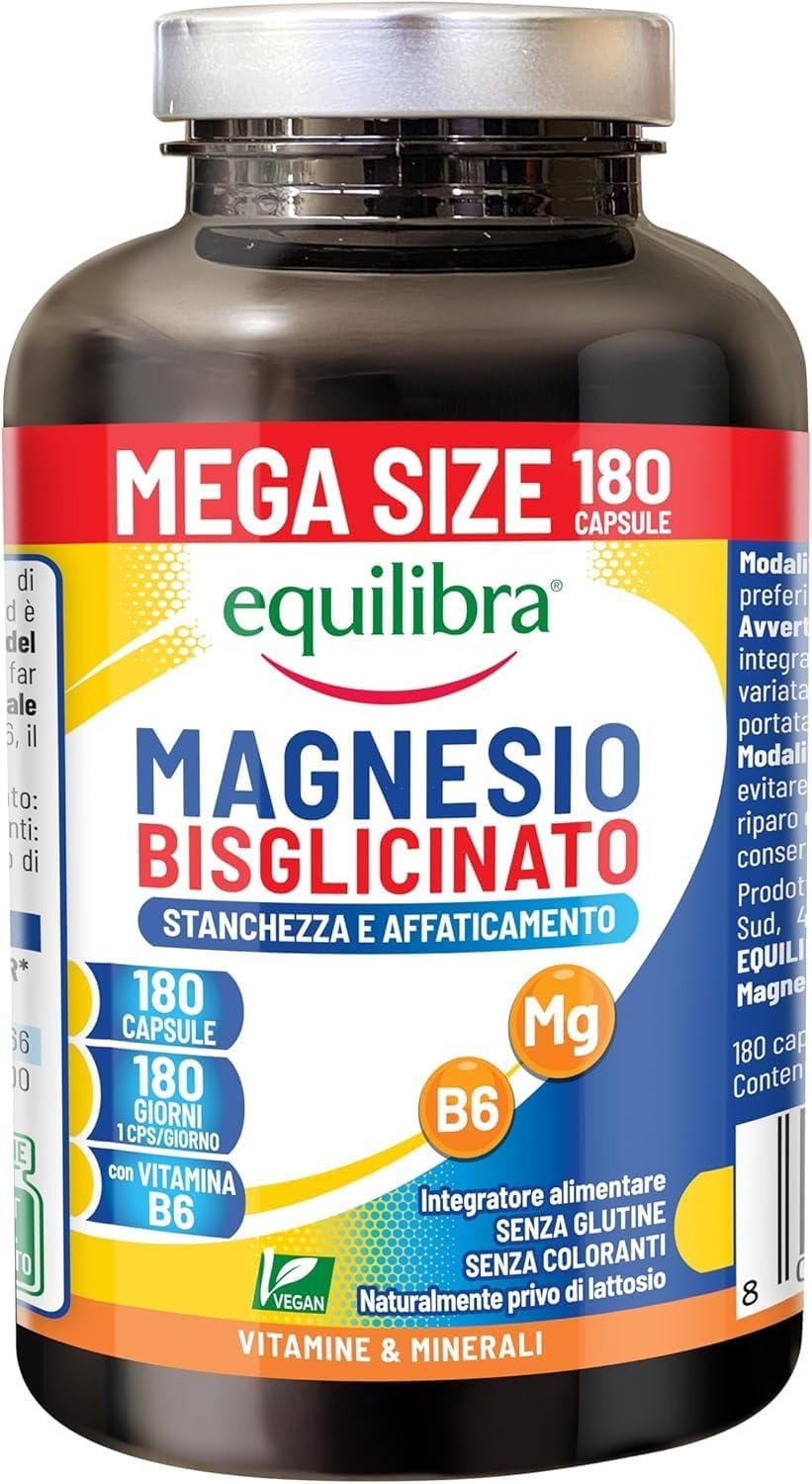 Equilibra Magnesio Bisglicinato, 180 Capsule, 250mg, con Vitamina B6, Scorta 6 Mesi, Assorbimento Ottimale, Vegan, Integratore Stanchezza, Sistema Nervoso e Funzione Muscolare, Senza Glutine