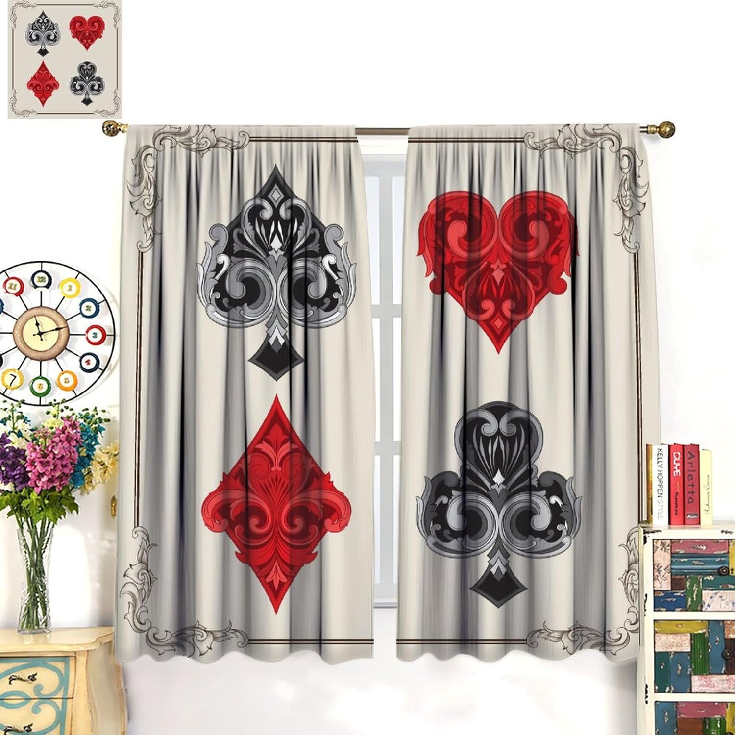 Poker Curtains 3D Playing Cards Casino Chips Gambling Curtain with Rod Pocket for Bedroom Living Room Home Decor Drapes Thermal Insulated Window Treatments 2 Panels Set 55x63in