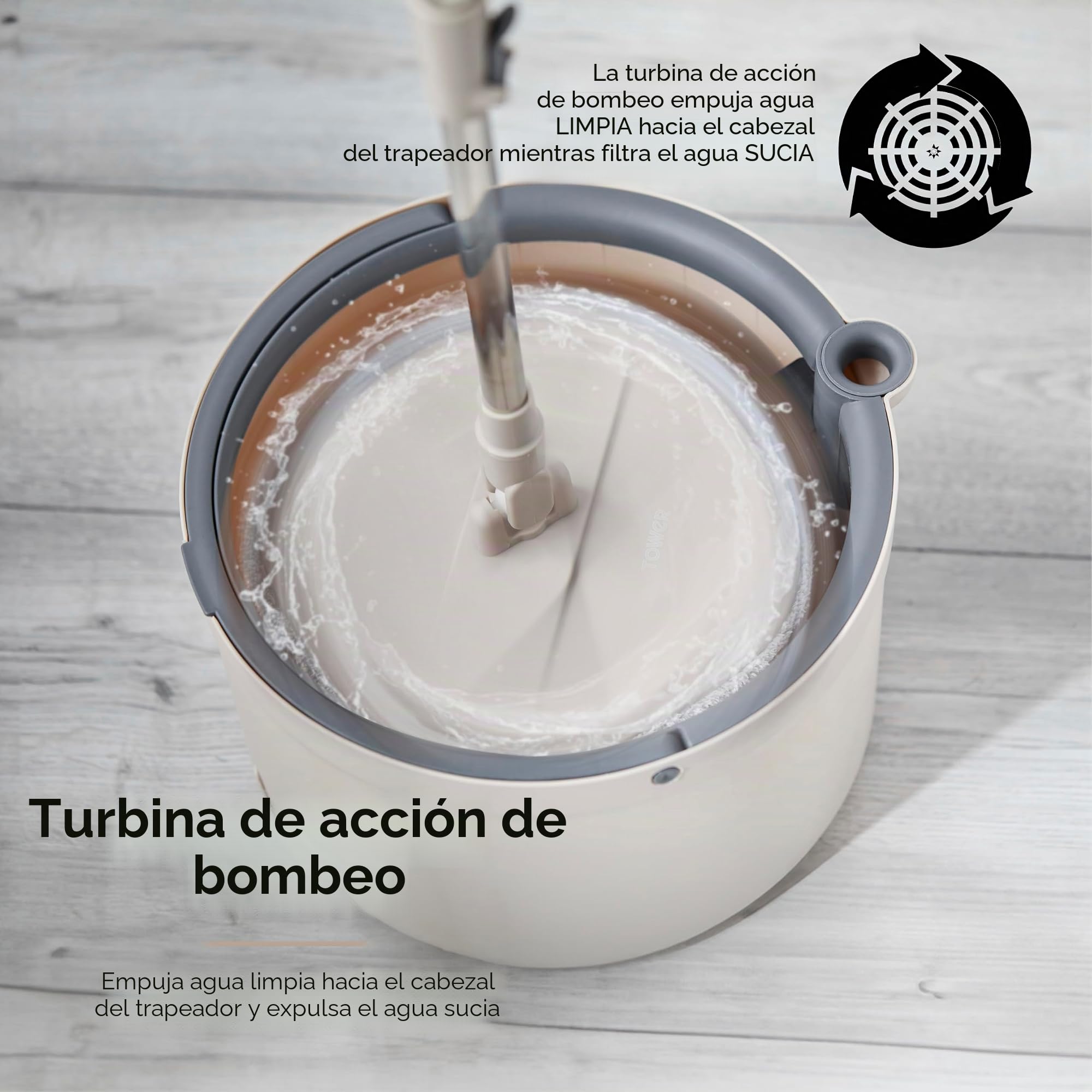 Tower T869009MSH Duo - Mopa giratoria compacta, turbina integrada, 2 contenedores internos, café con Leche y Gris