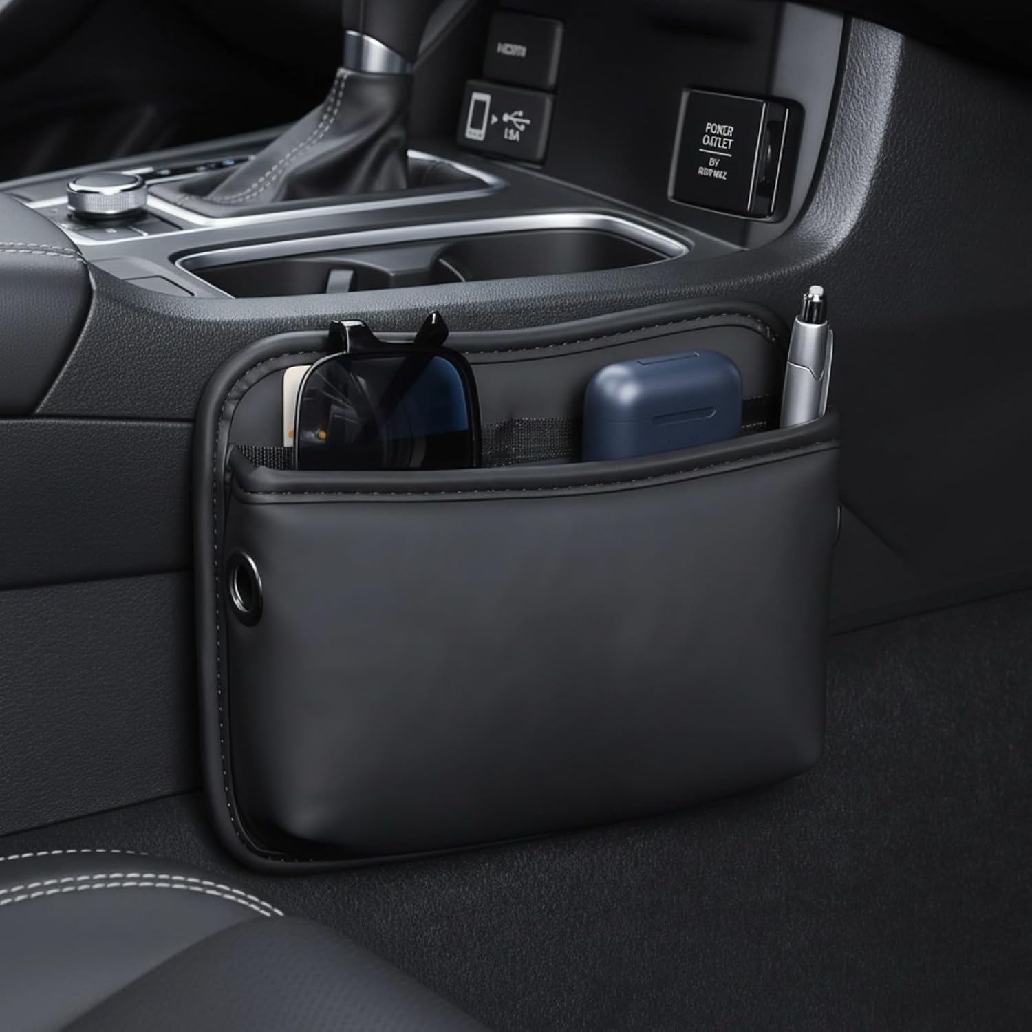 2 Pcs Car Storage Pockets, Universal Adhesive Leather Vehicle Gap Organizer, Multi-functional Center Console Accessories, Driver Passenger Side for Phone Wallet Keys, Black