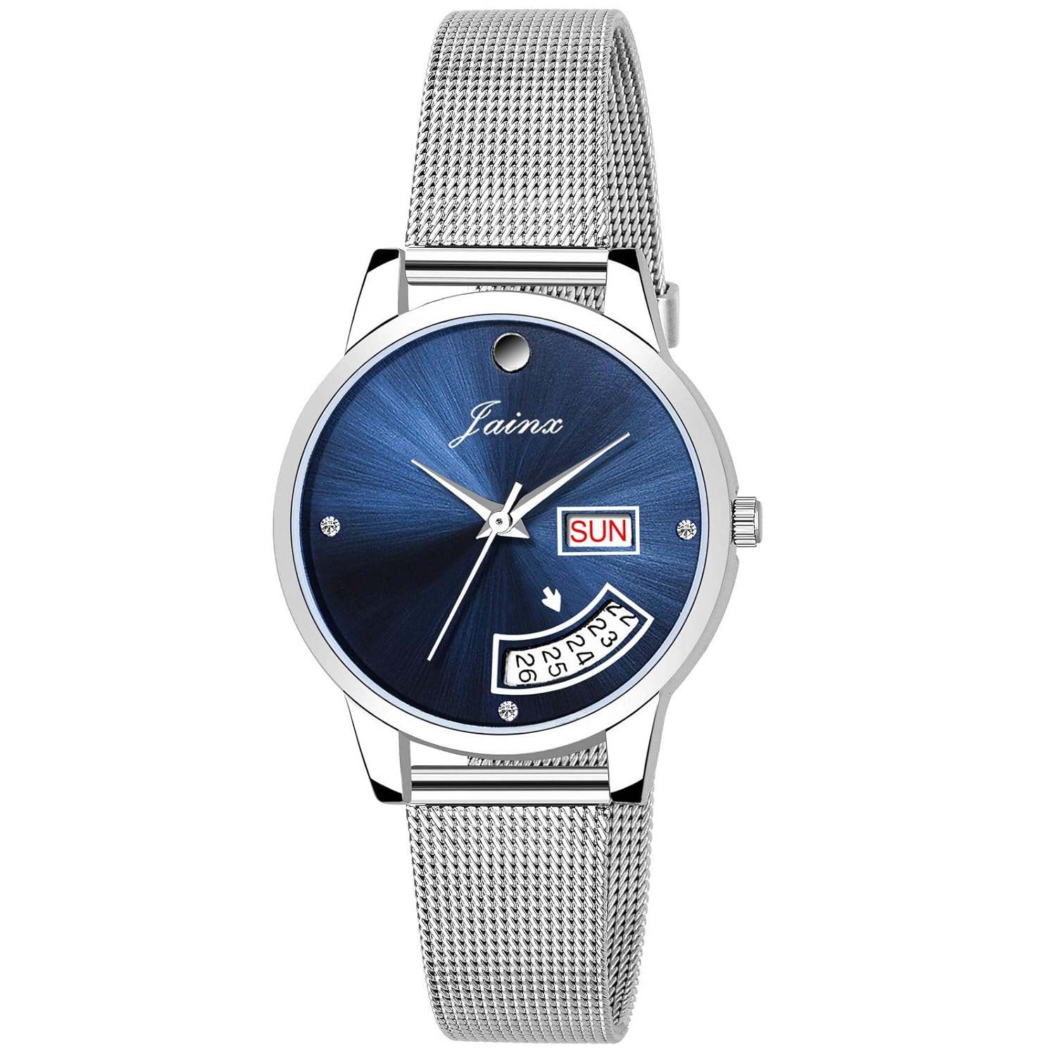 jainx Day and Date Silver Mesh Chain Analog Wrist Watch for Women (Silver/Pink/Black/Red/Golden/Blue Dial)