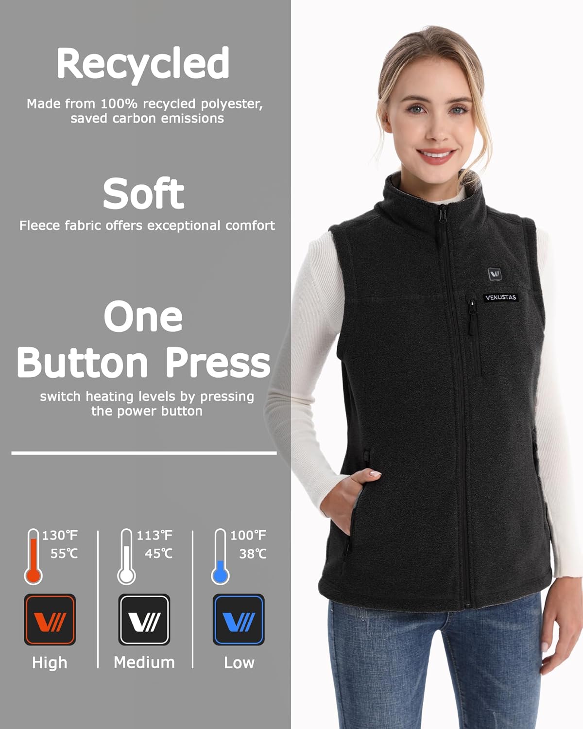 Venustas Women's Heated Fleece Vest with 6 Heating Zones, Ladies' Lightweight Recycled Fleece Electric Vest with Battery - Image 3
