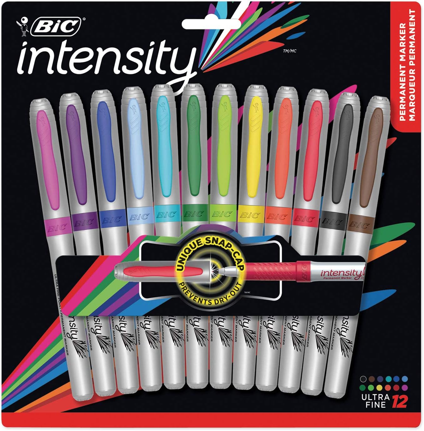BIC Intensity Fashion Permanent Markers; Ultra Fine Point; Assorted Colors; Non-Slip Grip For Comfort & Control; 12-Count