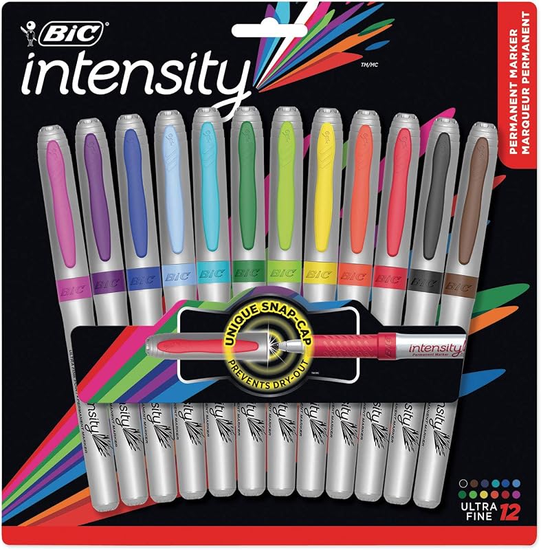 BIC Intensity Fashion Assorted Colors Permanent Markers, 12-Count | Ultra Fine Point, Non-Slip Grip for Comfort and Control, Unique Snap Cap Prevents Dry Out, Durable Tip Prevents Wear Down
