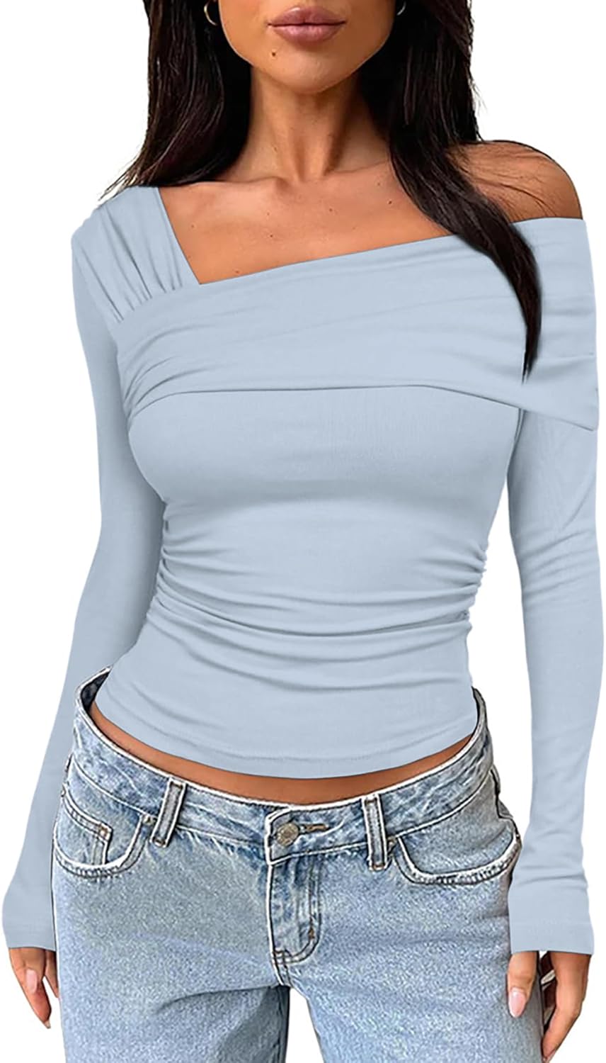 NTSWZYS Women One Off Shoulder Long Sleeve Crop Top Casual Ruched Shirt Slim Fit Y2K Going Out Tops