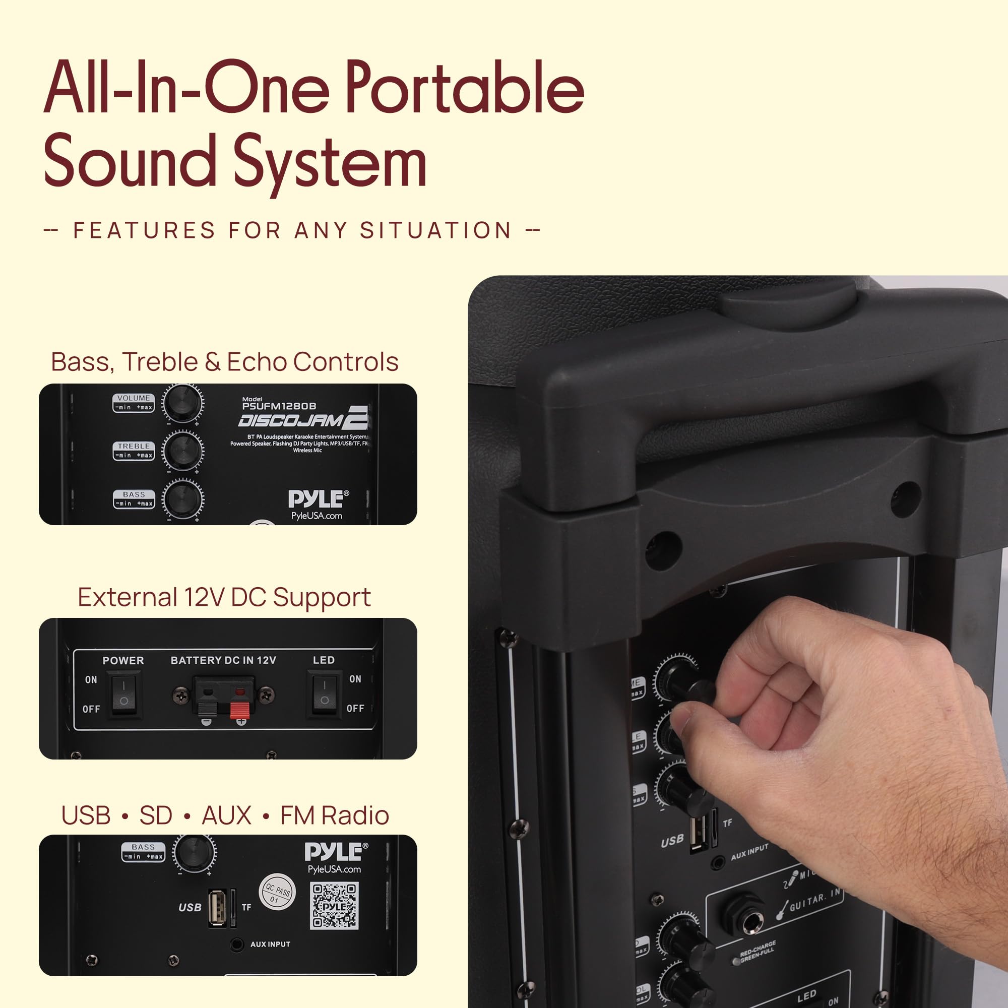 Pyle Cassa Bluetooth, Sistema PA Wireless da 700 W con Altoparlanti, Microfono, Cassa Bluetooth Portatile, USB, Micro SD, Radio FM, AUX, Luci DJ