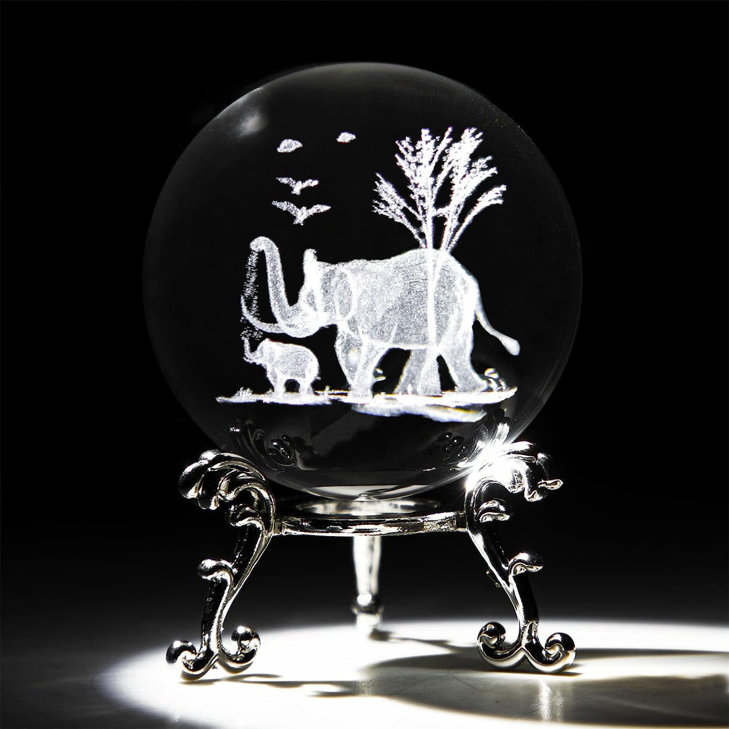 5,8 cm große Elefanten-Kristallkugel mit Ständer, 3D-Lasergravur, Mutter-Sohn, Elefanten-Figur, 3D-Quarzglaskugel, dekorative Kugel, Tischdekoration, Bastelarbeiten, Briefbeschwerer