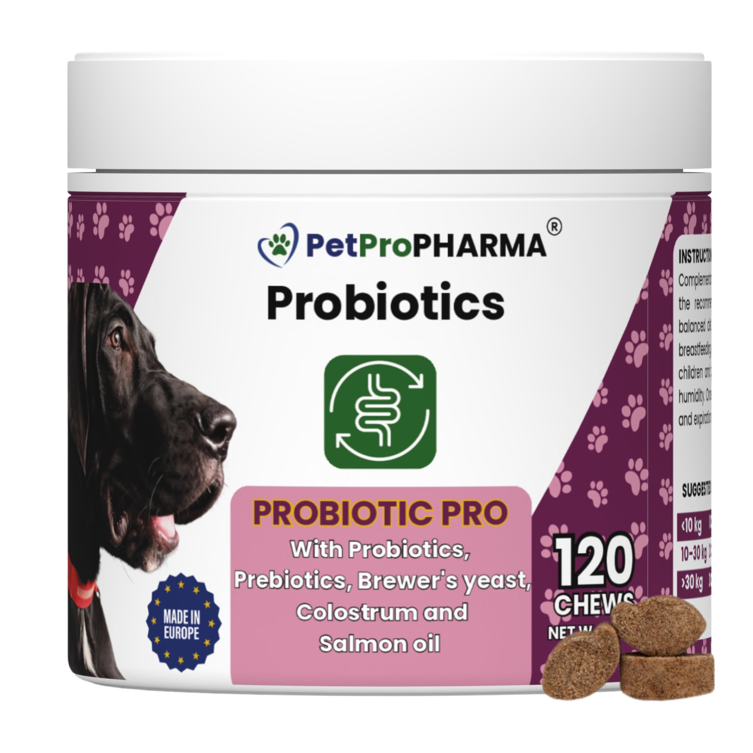 Probioticos y Prebioticos para Perros y Gatos Complemento alimenticio para Soporte digestivo y Refuerzo inmunológico Pastillas Masticables Absorcion Nutrientes y Flora intestinal 120 Galletas