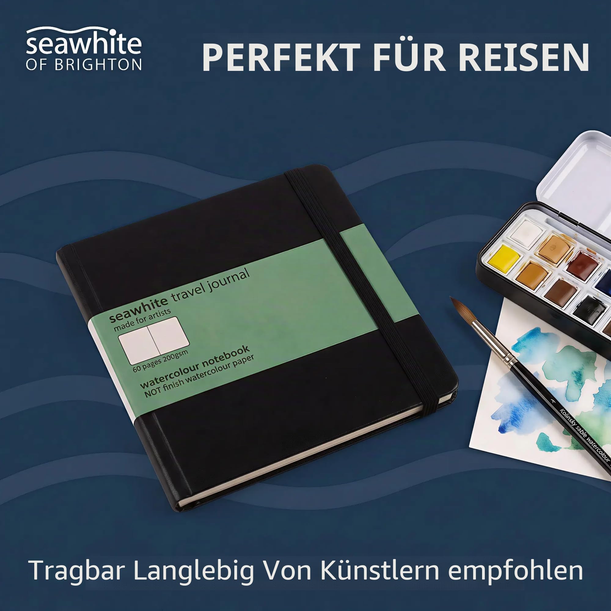 Seawhite Reisetagebuch, quadratisch, Aquarellfarben, 14 x 14 cm