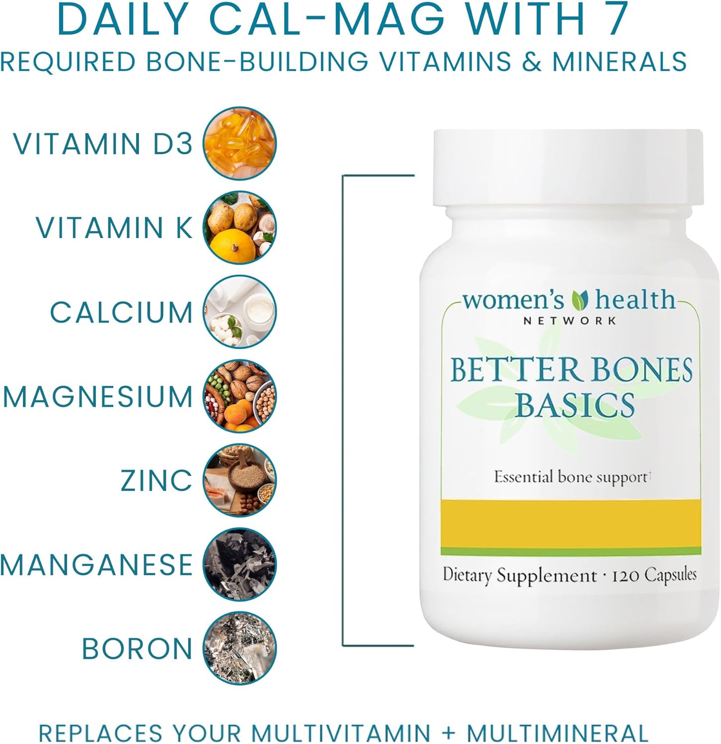 Better Bones Basics by Women's Health Network - Calcium, Magnesium, Zinc, Vitamin D, Vitamin K, Manganese, and Boron - 120 Capsules - Image 2