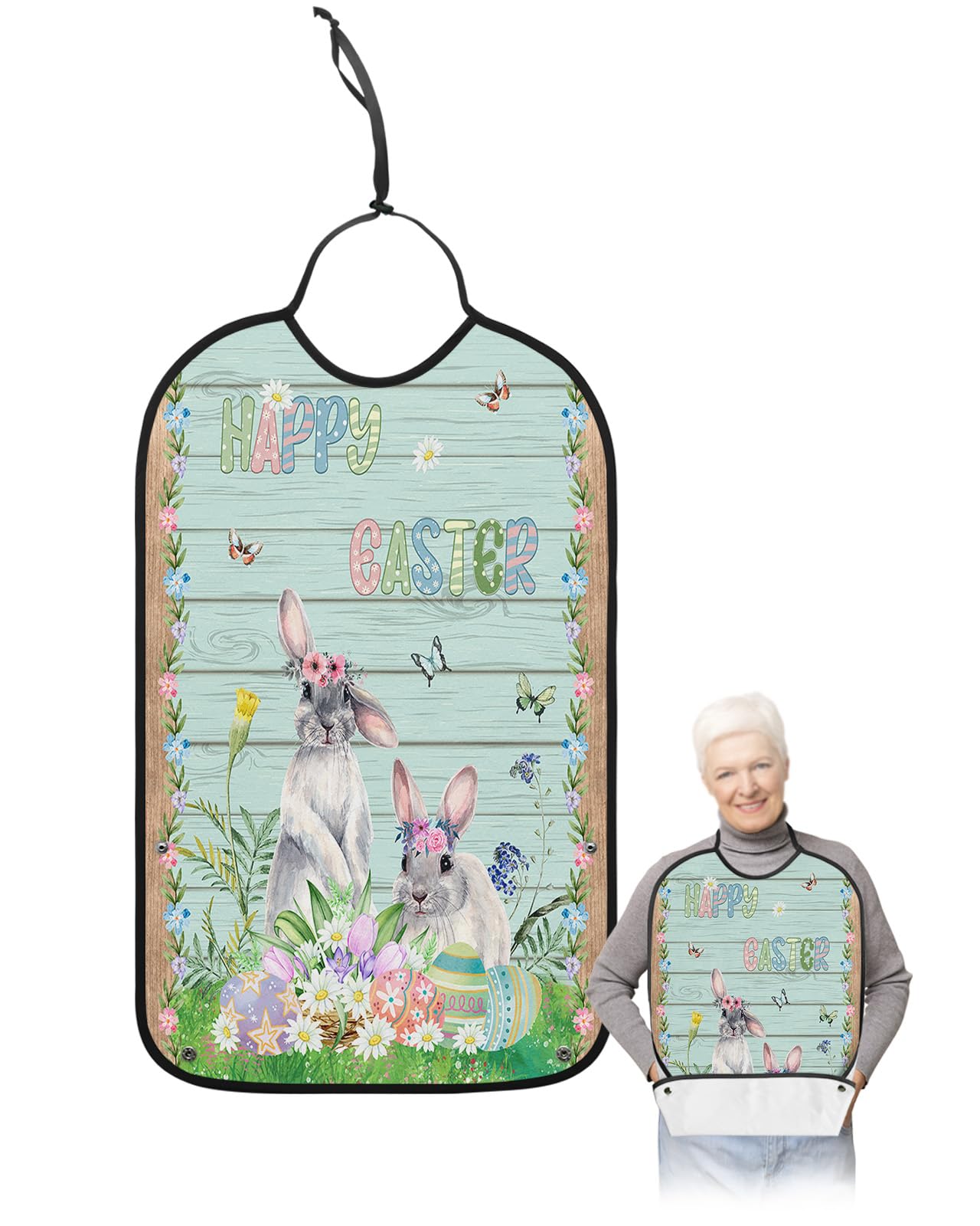 Spring Easter Adult Bibs for Eating, Waterproof Bibs with Food Catcher & Adjustable Snap Closure, Bunny Colorful Eggs Flower Easter Basket Retro Wood Clothing Protectors Adult Bibs for Elderly