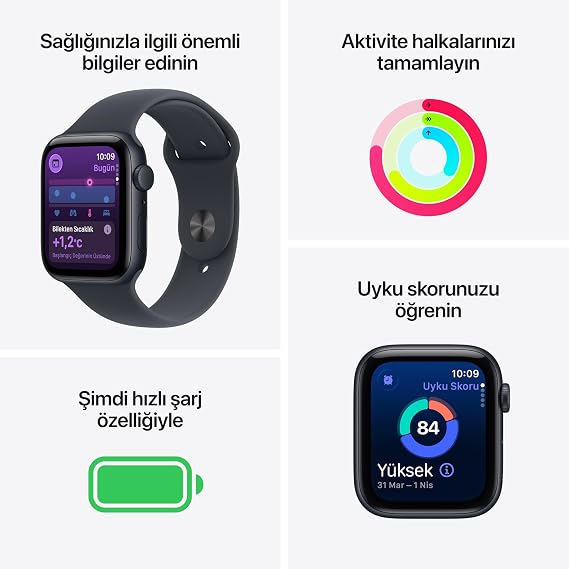 Apple Watch SE 3 GPS 44 mm Midnight Aluminum Case Smart Watch and Midnight Sports Cord - M/L. Fitness and Sleep Tracking, Heart Rate Tracking, Always Open Screen, Waterproof Design