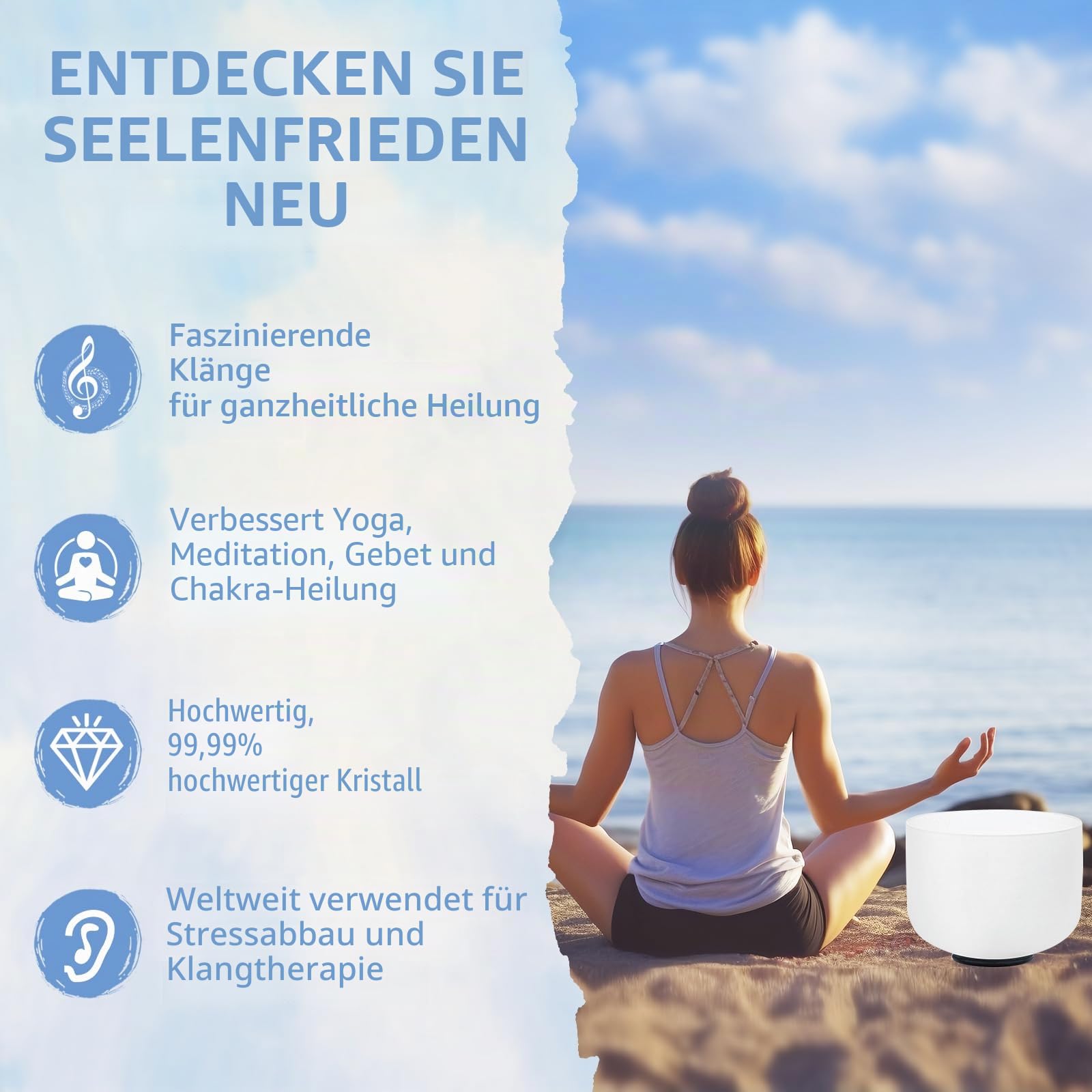 Hye-eun Kristall-Klangschalen-Set 17,8-30,5 cm, 7 Stück, Weiß Quarz Klangschale für Klangheilung, mit 2 Tragetaschen