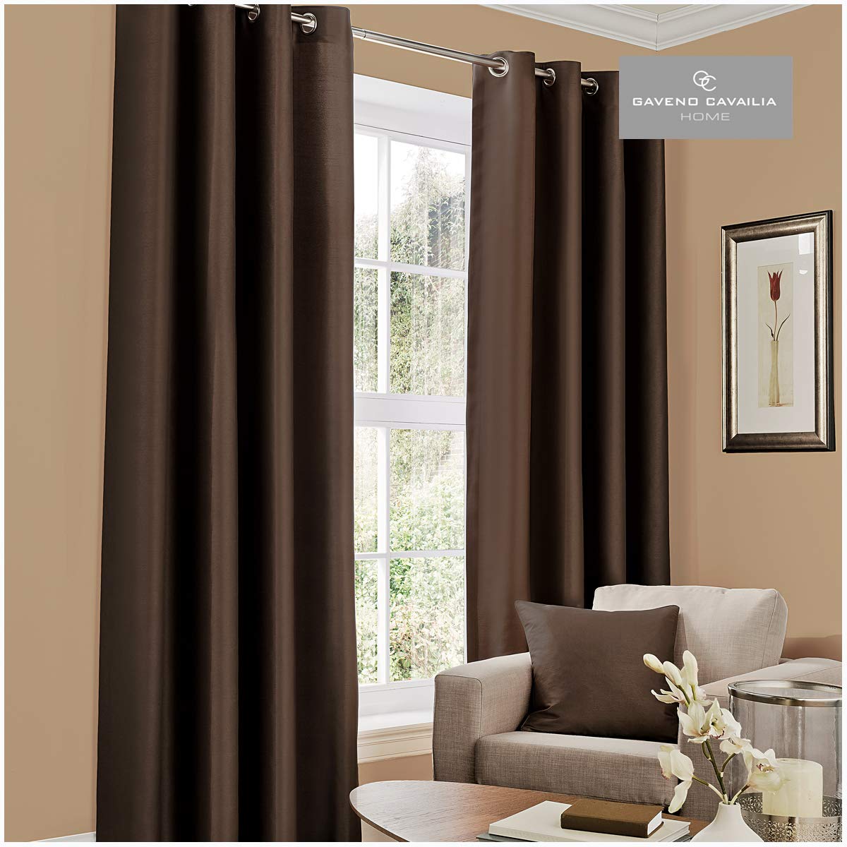 GC GAVENO CAVAILIA Faux Silk (Eyelet) Curtains, Brown, 66"x54" (168x137 cm)