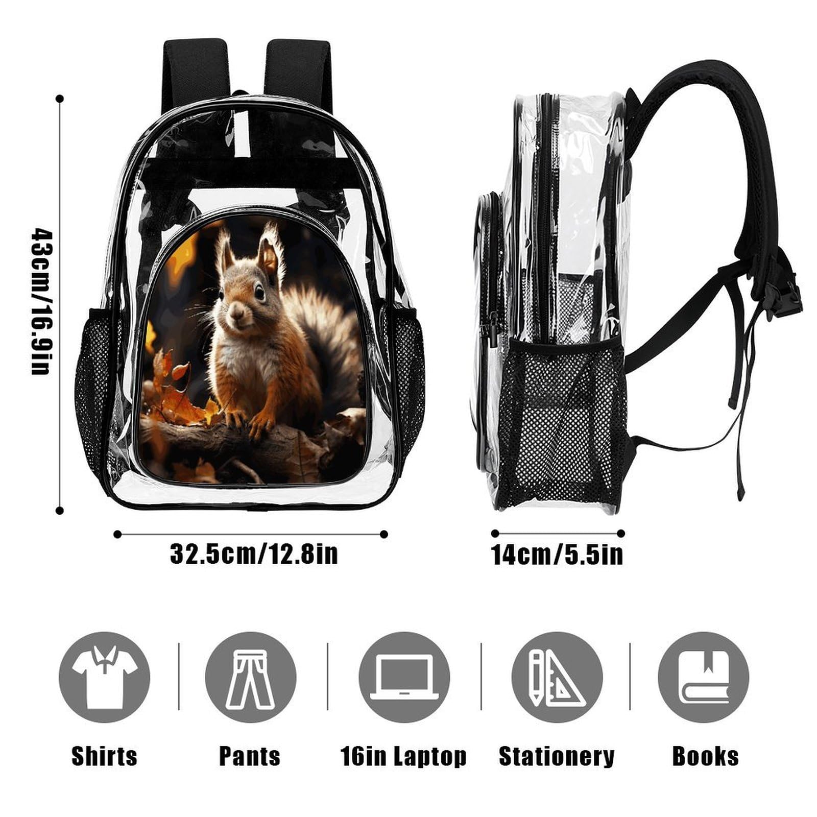 Squirrel in The Woods Transparenter Rucksack, groß, transparent, PVC, Büchertasche für Sicherheit, Arbeit, Reisen, Stadion