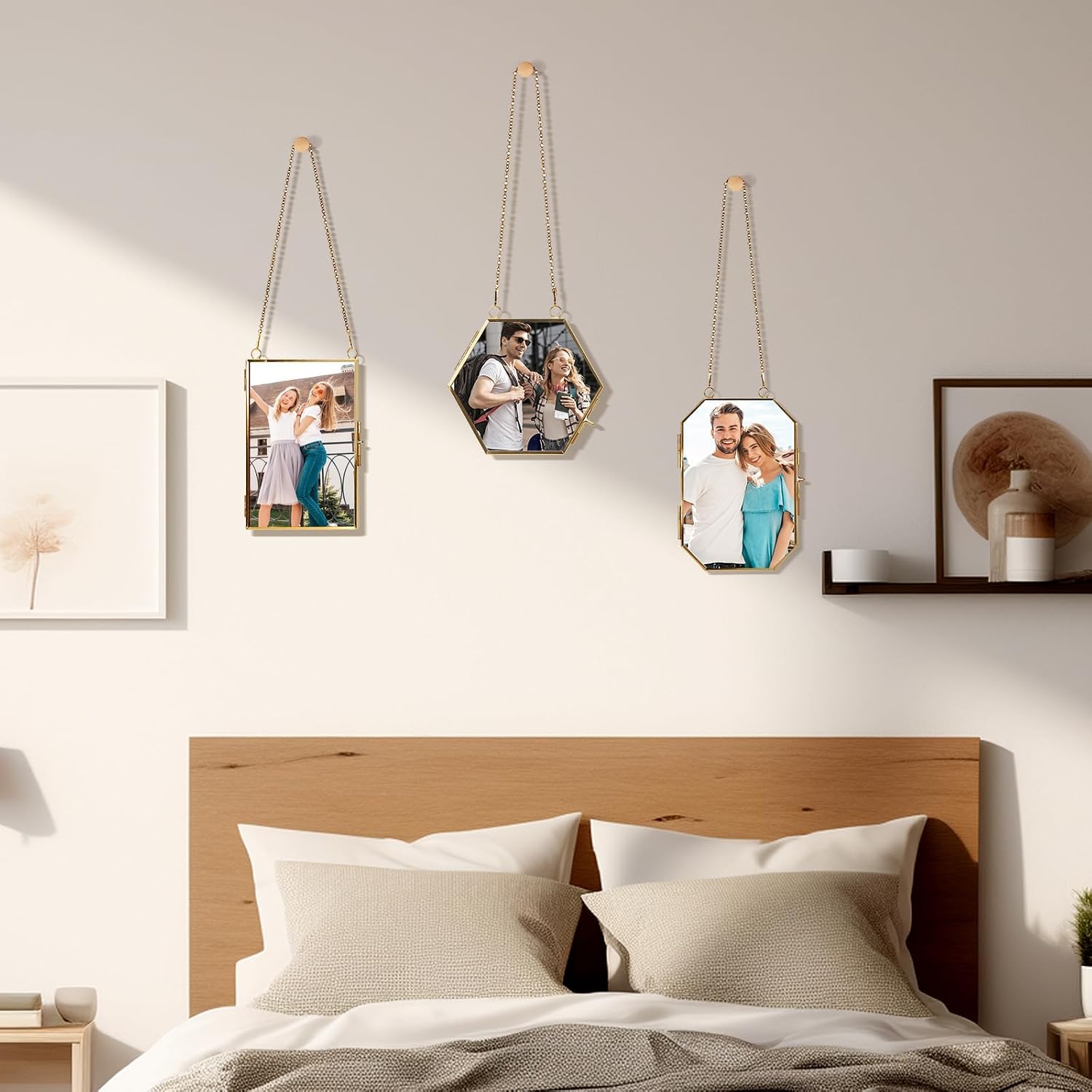Pressed Flower Glass Picture Frames Hanging Frame Gold Floating Photo Frame Clear Horizontal Vertical Frames with Chain for Gallery Vintage Artwork Display (3 Sets)