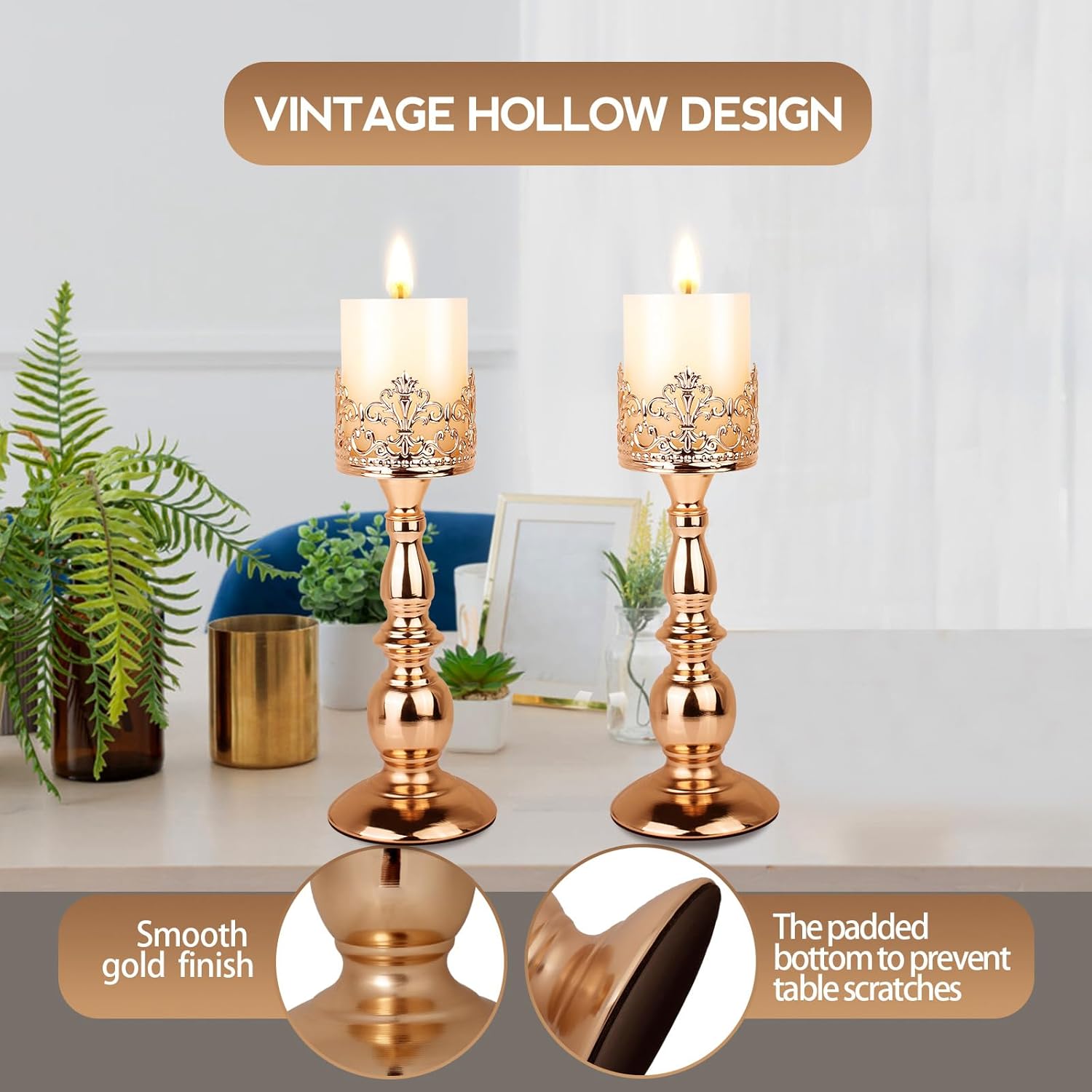 Candle Holders for Pillar Candles Gothic Gold Vintage Tall Candle Holders Set of 2 Decorative Large Table Centerpieces Candle Stand Decor (Gold 2PCS A) - Image 2