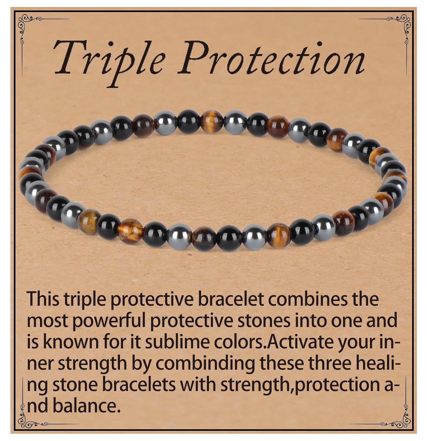 Triple Protection Bracelet - Onyx Hematite Tiger Bracelet for Women Men - Handmade Natural Gem Stone Beaded Stretch Elastic Healing Bracelets 4mm (4mm, Triple Protection(Onyx Tiger Hematite)) - Main View
