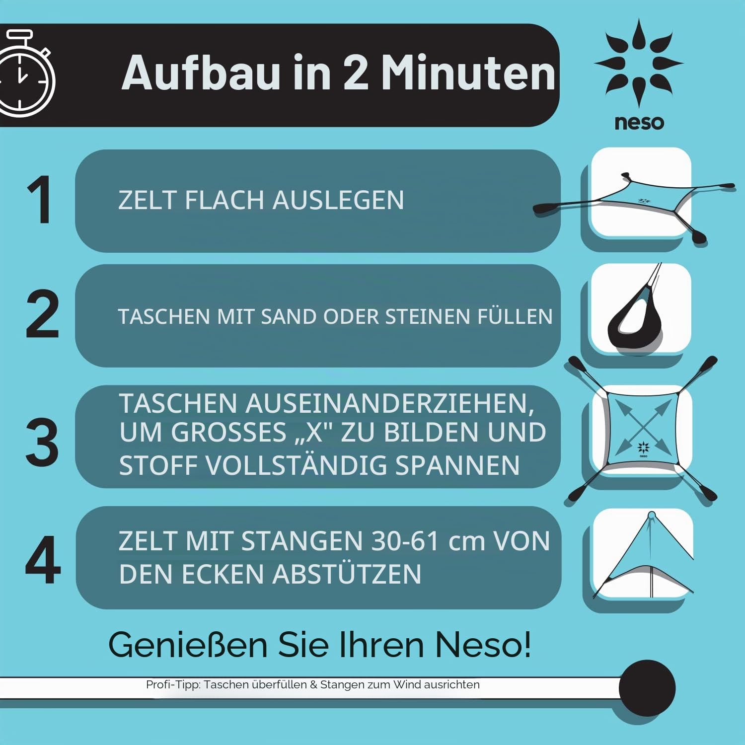 Neso Strandzelt mit Sandanker, tragbarer Sonnenschutz, 2,1 x 2,1 m, patentierte verstärkte Ecken (Regenbogenfarben)