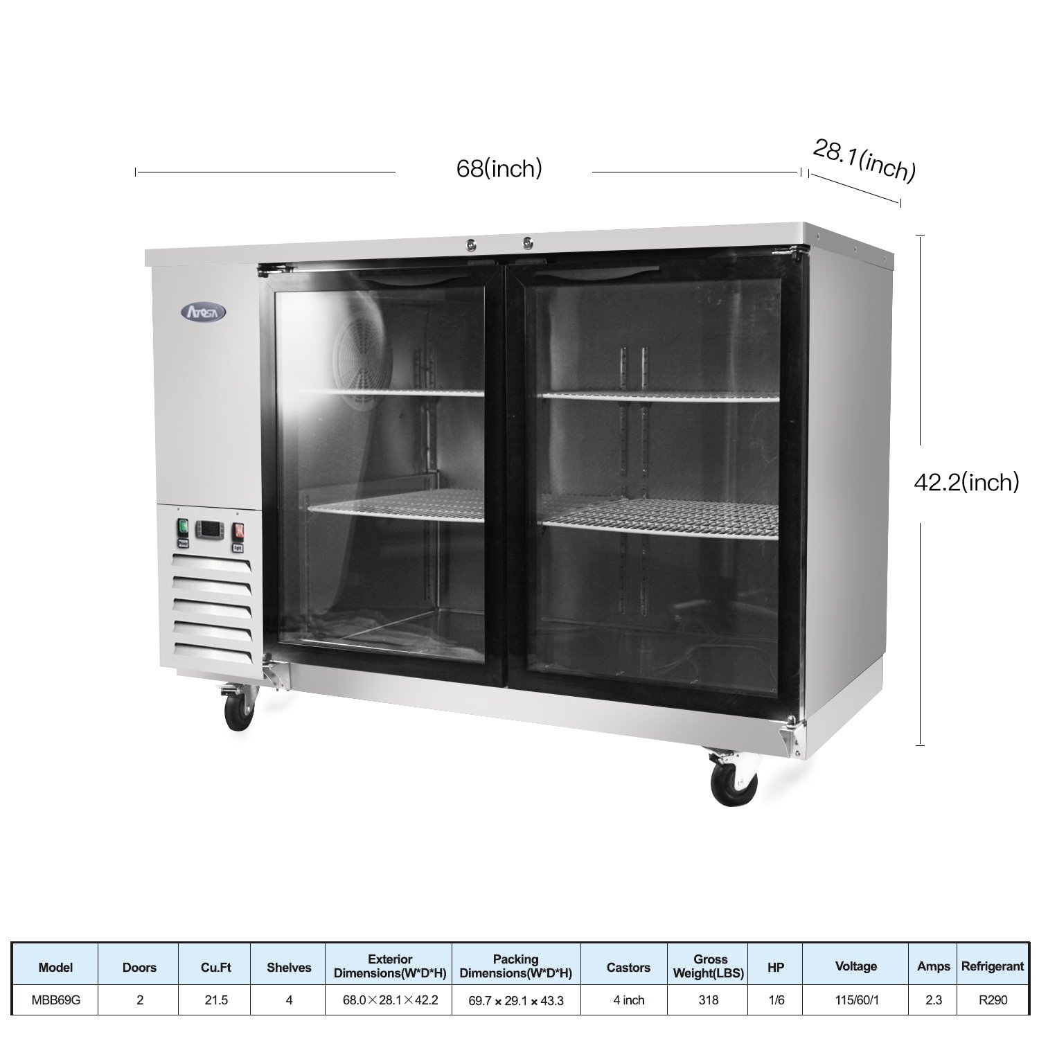 Atosa MBB69G (2) Glass Door Back Bar Cooler S/S In/Out | 21.5 Cu. Ft.