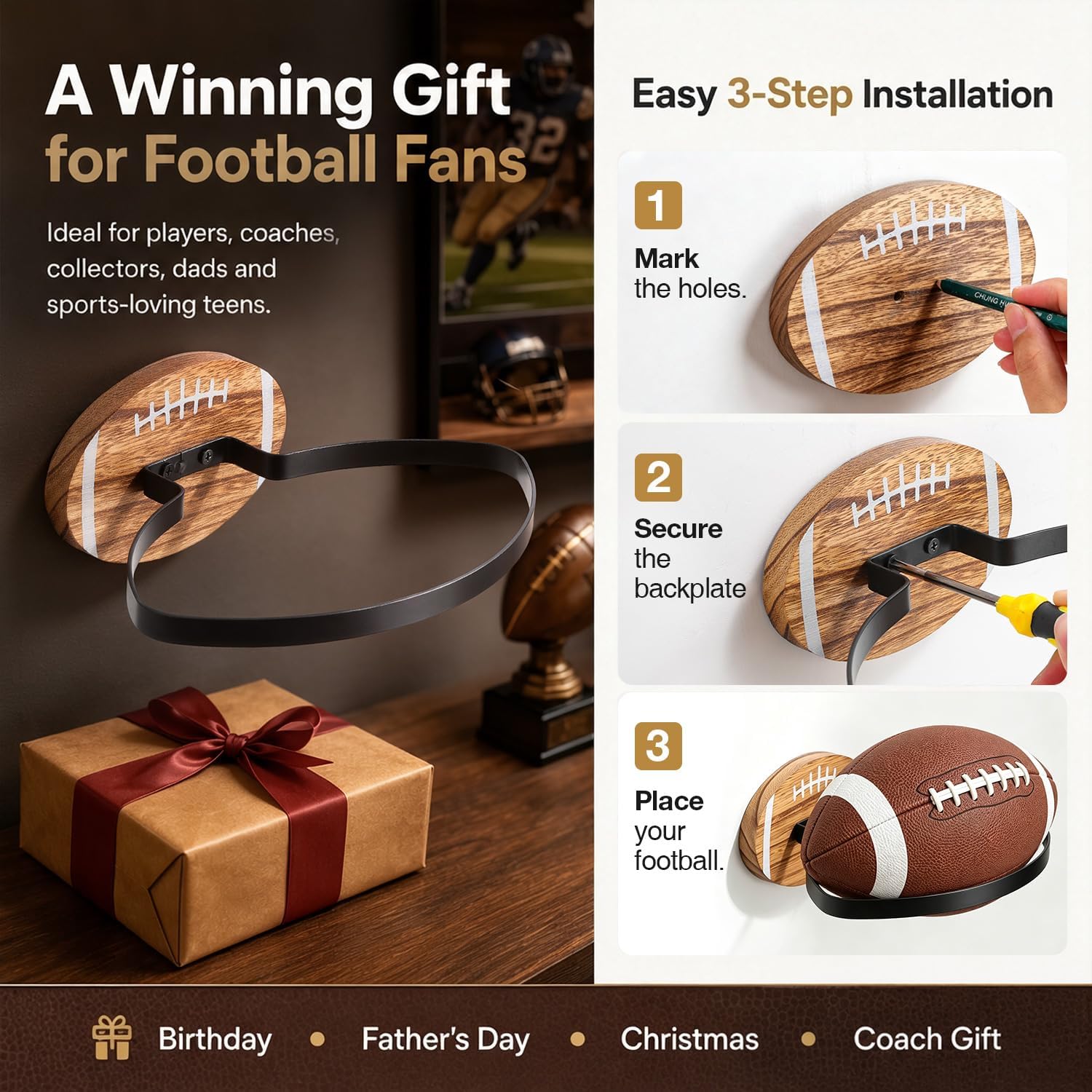 Wall Mount Football Rack with Wooden Base, Ball Storage Holder Display Rack
