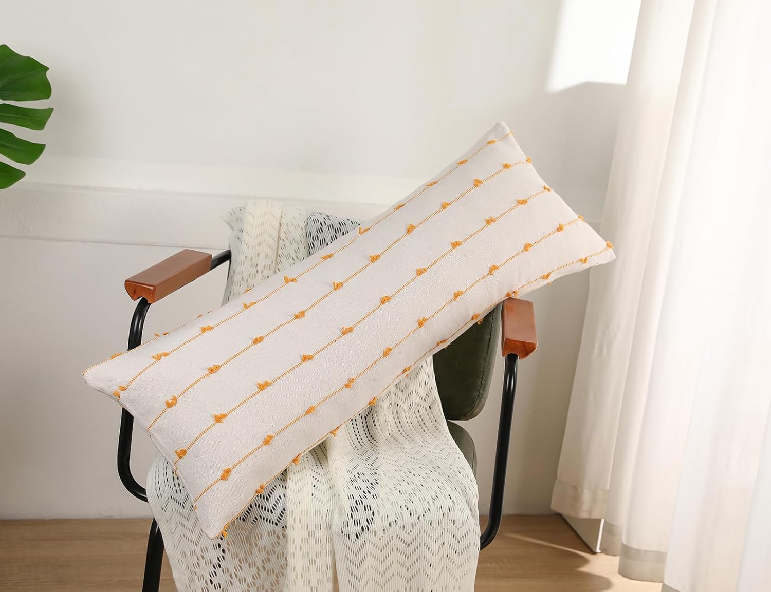 NUYECY Long Lumbar Throw Pillow Cover 14x36,Stripe Pattern Cotton Yellow Boho Extra Long Decorative Pillow Cover Pillow Case Cushion Cover for Bed Sofa Couch Farmhouse,Skinny Modern Accent