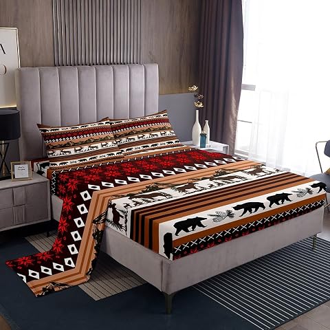 Western Sheet Set Queen Tribal Rustic Cabin Fitted Sheet for Boys Teens Abstract Bear Elk Deer Bed Sheets