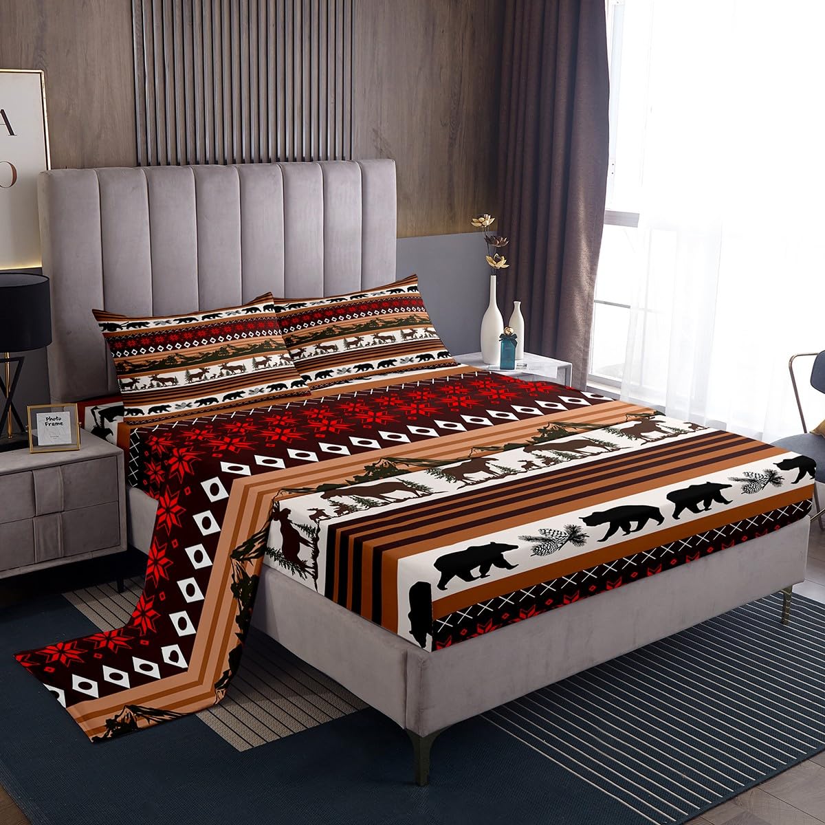 Western Sheet Set Queen Tribal Rustic Cabin Fitted Sheet for Boys Teens Abstract Bear Elk Deer Bed Sheets